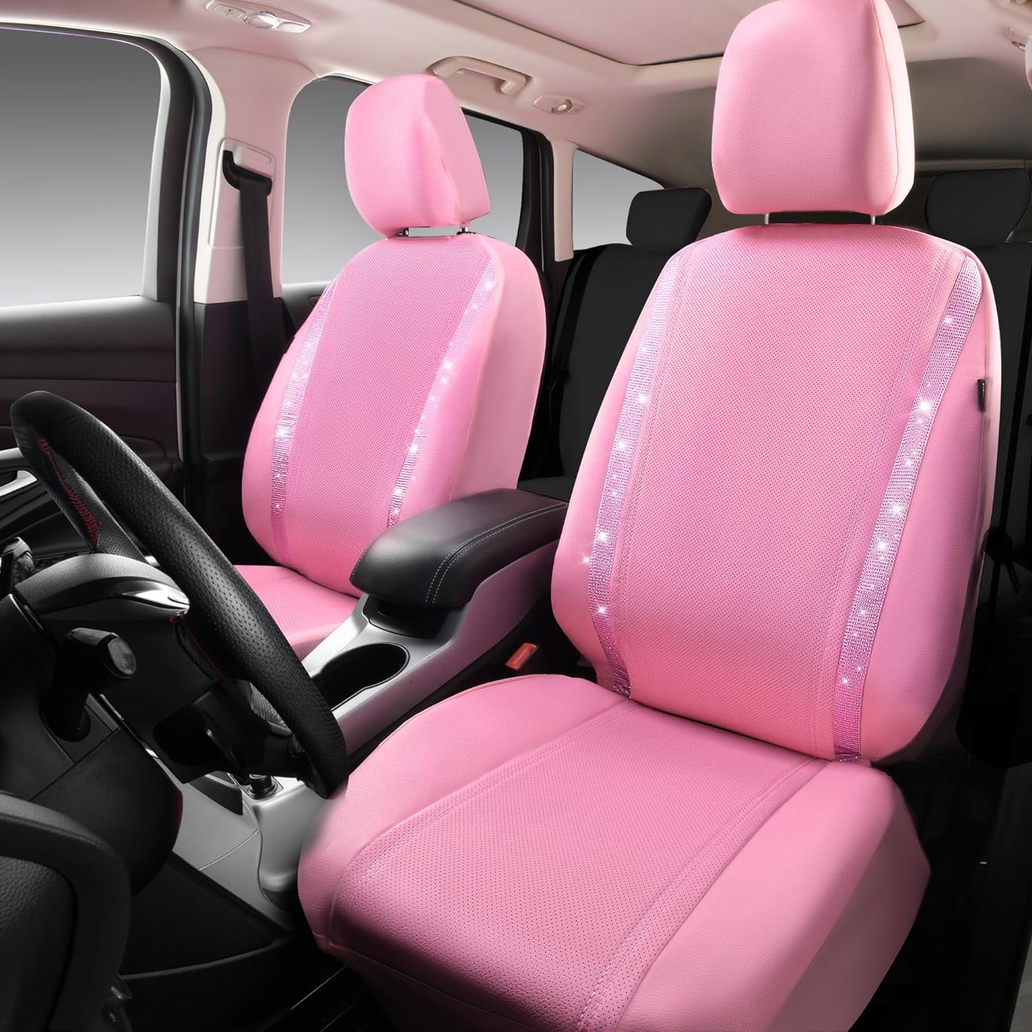 CAR GRAND Bling Car Seat Covers Front Pair, Shining Rhinestone Diamond Waterproof Faux Leather, Universal Fit Automotive Glitter Crystal Sparkle Strips for Cute Women Girl, solid pink