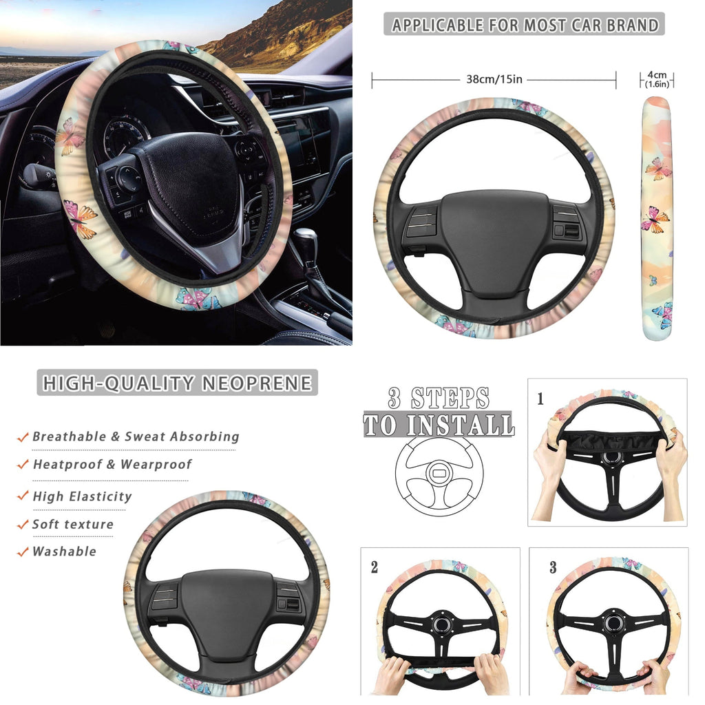 Yuyamidu Tulip Car Seat Covers Set with Steering Wheel Cover Seat Belt Covers Trash Bin Rear View Mirror Cover Butterfly Car Armrest Cover Cushion Coasters Gear Shift Knob Cover for Women, 14 PCS