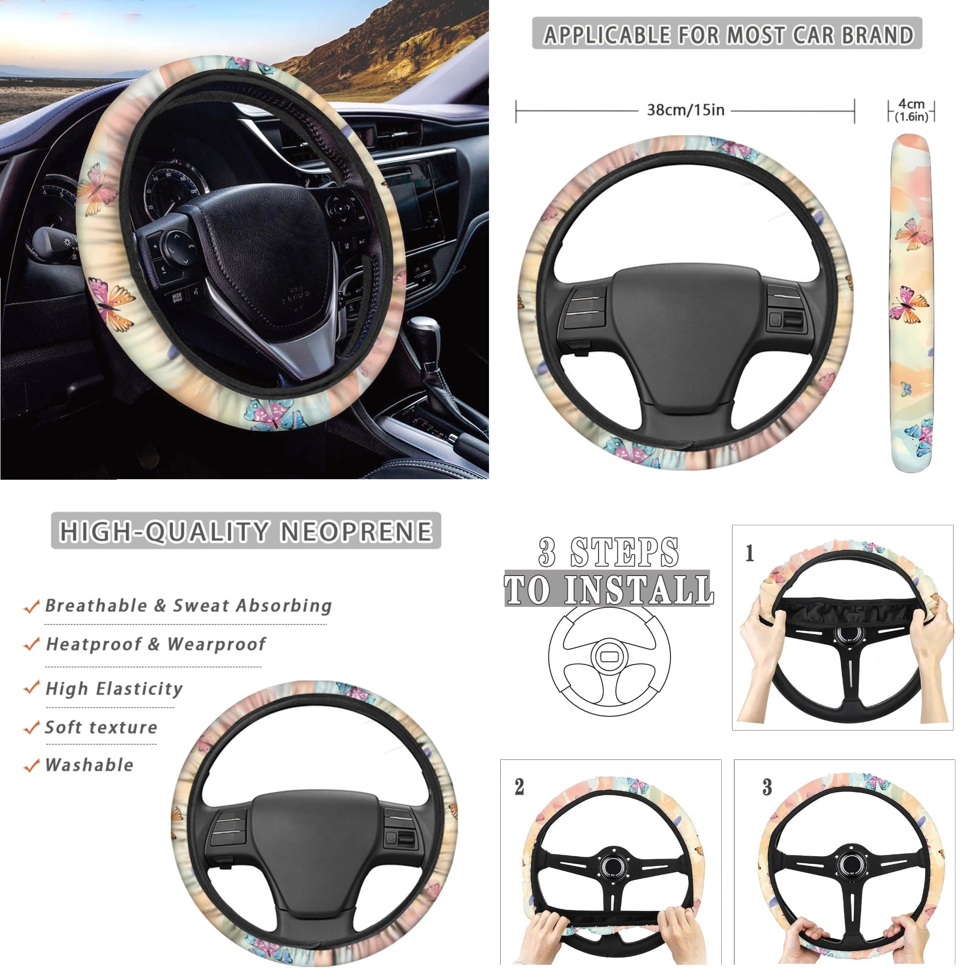 Yuyamidu Tulip Car Seat Covers Set with Steering Wheel Cover Seat Belt Covers Trash Bin Rear View Mirror Cover Butterfly Car Armrest Cover Cushion Coasters Gear Shift Knob Cover for Women, 14 PCS