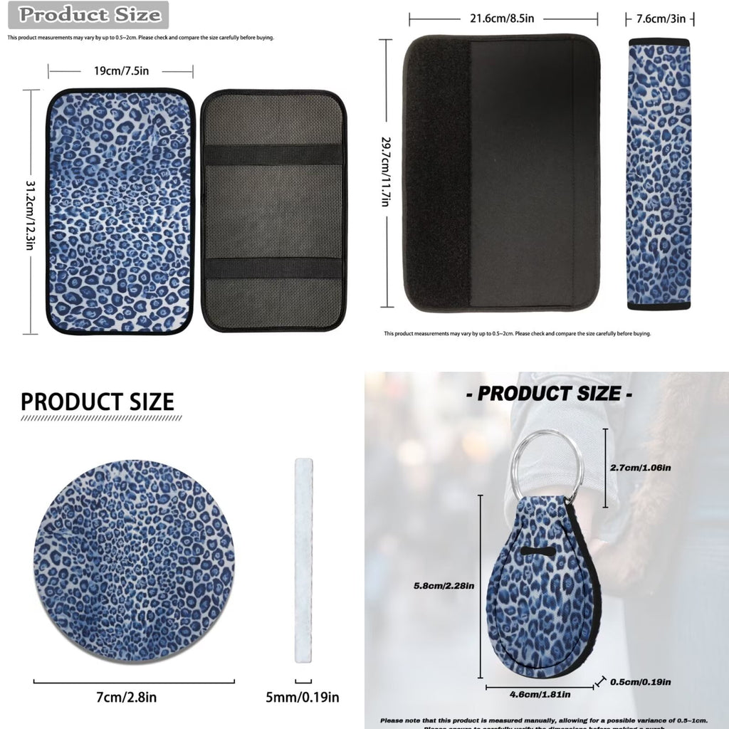 HUIACONG Blue Leopard Print Seat Covers for Cars for Women Full Set 14 Pcs Ca Seat Cover with Steering Wheel Cover Center Console Cover Seat Belt Covers Coasters Headrest Cover Keychain Universal Fit