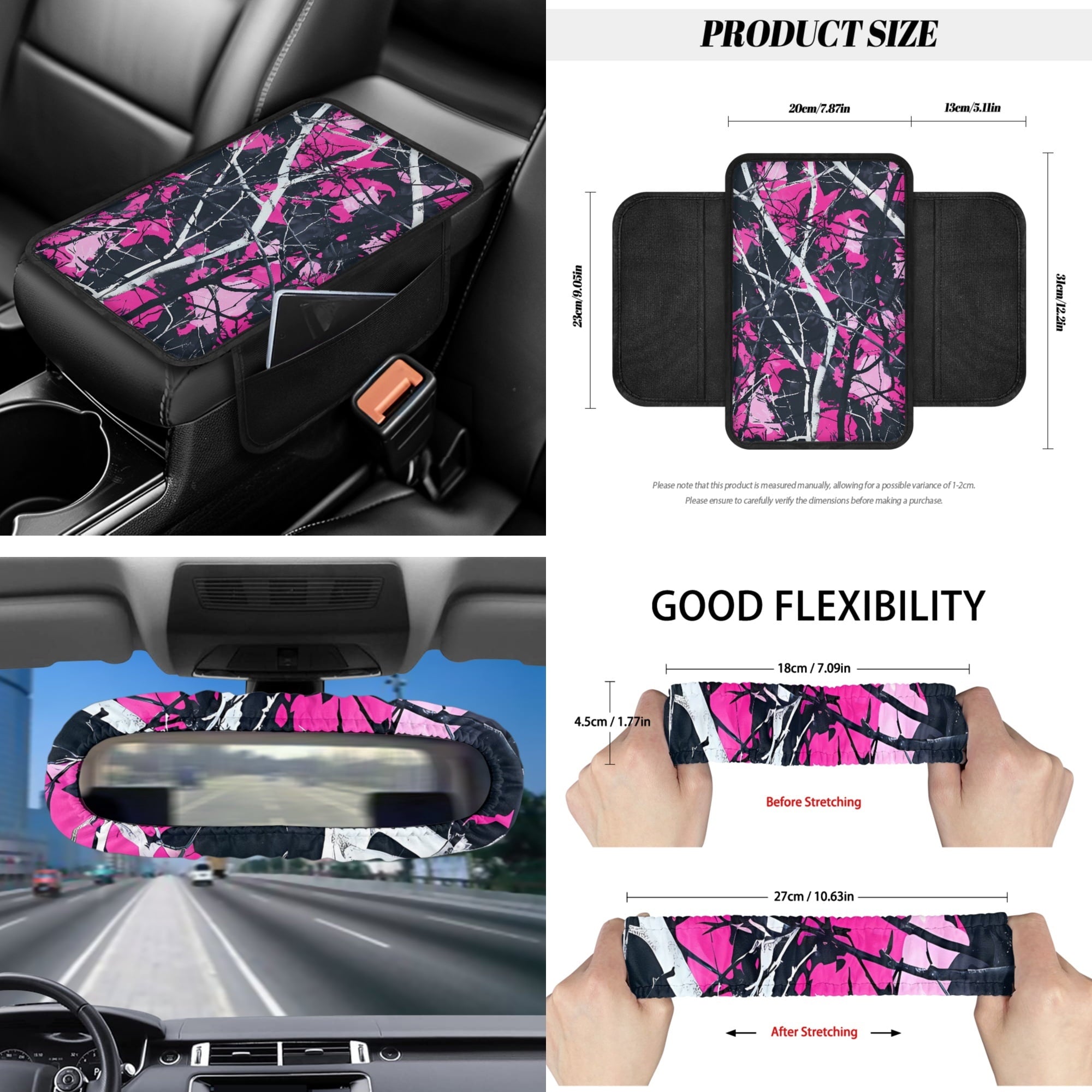 Jeiento Camo Hunting Front Car Seat Cover Full Set 12 PCS with Steering Wheel Cover Seatbelt Pad Armrest Pad Coasters Garbage Bins Rear View Mirror Cover Keychain Air Vent Storage Pouch Pink