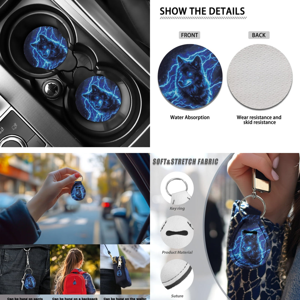 Yuyamidu Blue Wolf Car Seat Cover Full Set of 13 Fashion Auto Steering Wheel Cover Seatbelt Pads Armrest Cushion Coasters Key Chain Auto Interior Sets