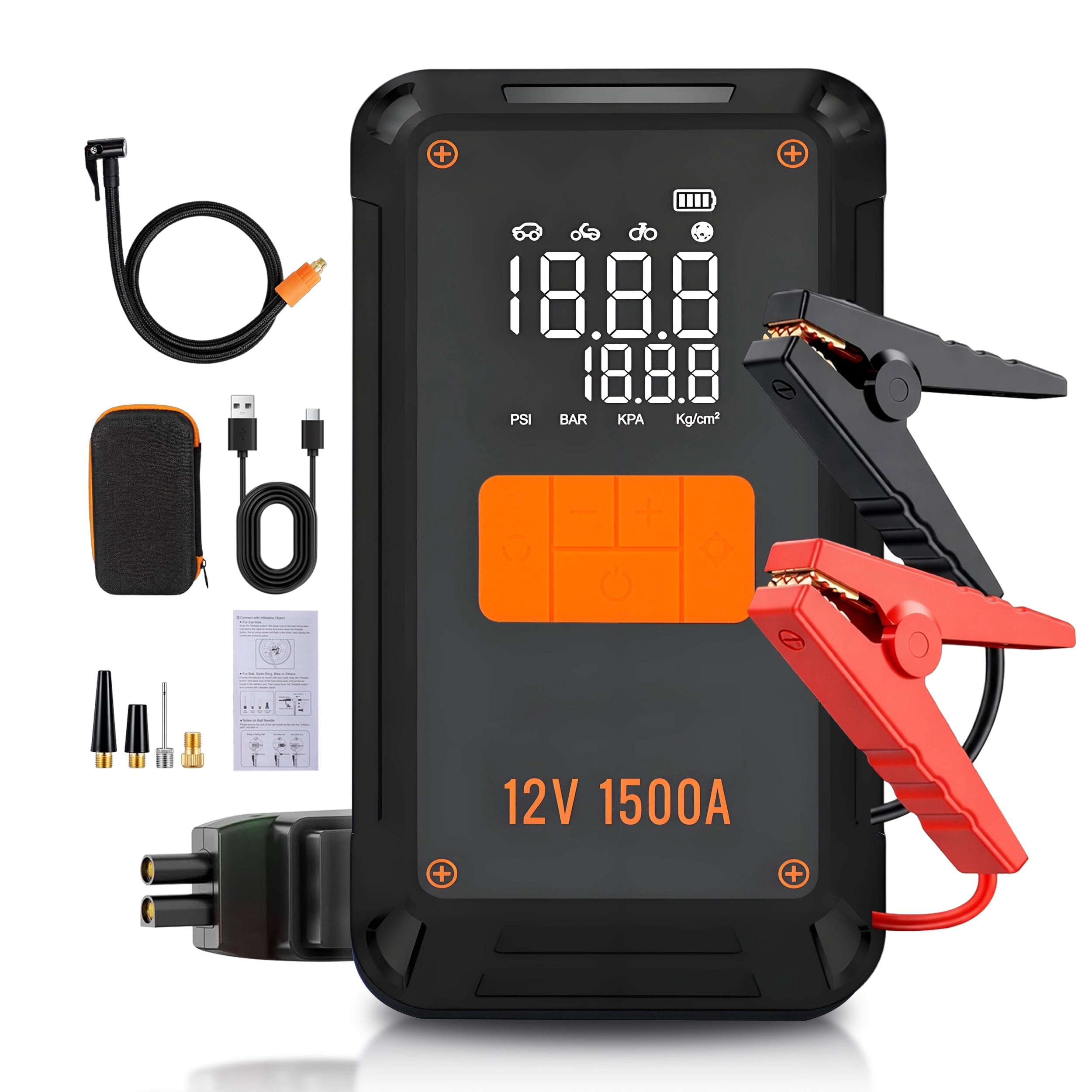 6-in-1 Car Jump Starter with Air Compressor, 1500A Portable Battery Booster Pack, 150 PSI Tire Inflator, 6000mAh USB-C Power Bank, Dual Digital Display, LED SOS Light for Cars, SUVs, Motorcycles