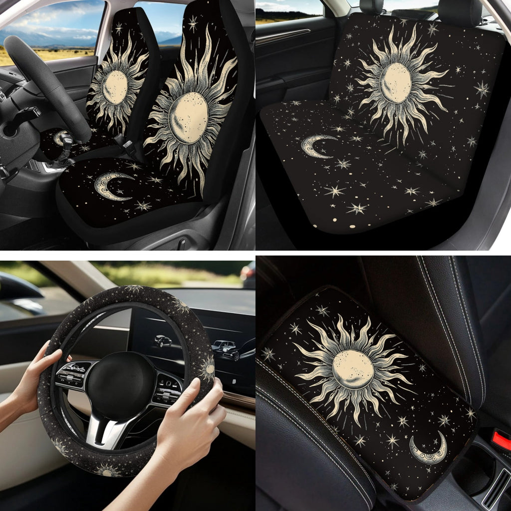 Yuyamidu Sun and Moon Car Seat Covers Full Set of 13 Black Steering Wheel Cover Safe Belt Pads Cup Holders Car Center Console Cover Lip Balm Holder Keychain Auto Interior Sets