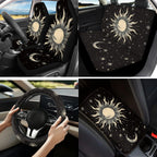 Yuyamidu Sun and Moon Car Seat Covers Full Set of 13 Black Steering Wheel Cover Safe Belt Pads Cup Holders Car Center Console Cover Lip Balm Holder Keychain Auto Interior Sets