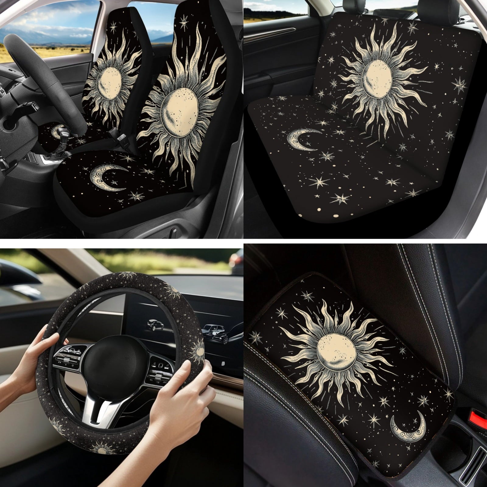 Yuyamidu Sun and Moon Car Seat Covers Full Set of 13 Black Steering Wheel Cover Safe Belt Pads Cup Holders Car Center Console Cover Lip Balm Holder Keychain Auto Interior Sets