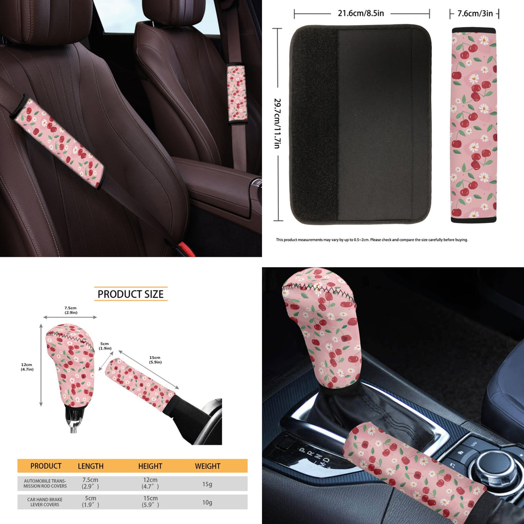 Yuyamidu 14 PCS Cherry Car Seat Covers Set with Steering Wheel Cover Daisy Seat Belt Covers Trash Bin Rear View Mirror Cover Pink Car Armrest Cover Cushion Coasters Gear Shift Knob Cover