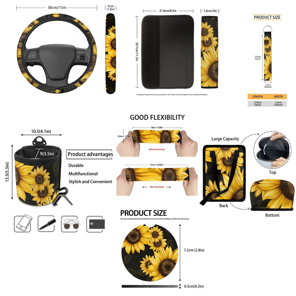 Jeiento Sunflower Car Seat Covers Set of 15 Steering Wheel Cover Seatbelt Cushion Pad Trash Bin Car Vent Organizer Pouch Rearview Mirror Cover Cup Holder Wristlet Keychain for SUV Van Sedan