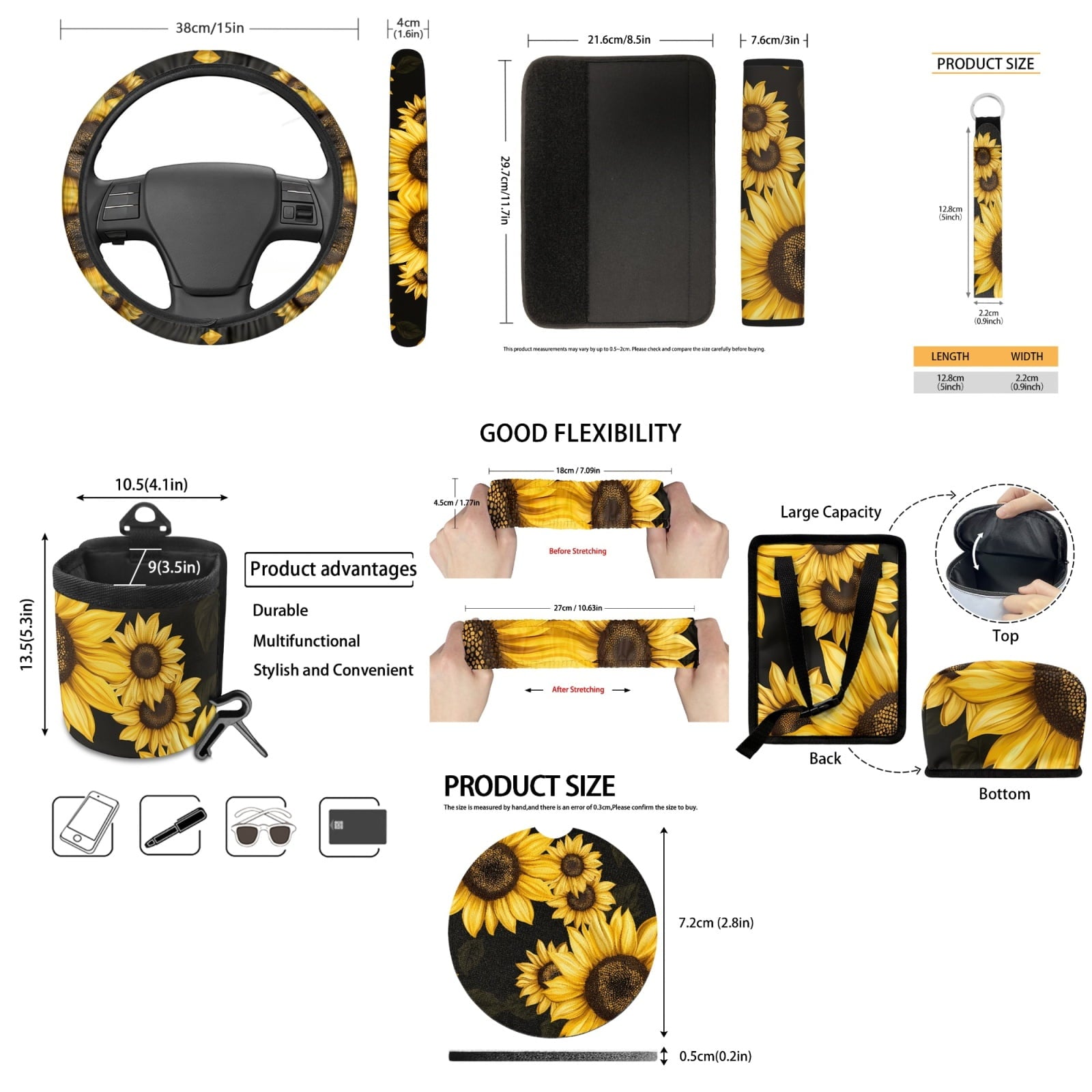 Jeiento Sunflower Car Seat Covers Set of 15 Steering Wheel Cover Seatbelt Cushion Pad Trash Bin Car Vent Organizer Pouch Rearview Mirror Cover Cup Holder Wristlet Keychain for SUV Van Sedan