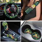 Yuyamidu Frog ar Seat Cover Full Set of 15 Palm Leaves Car Floor Mats Steering Wheel Cover Seat Belt Strap Pads Cup Coasters Gear Shift Knob Cover, Green