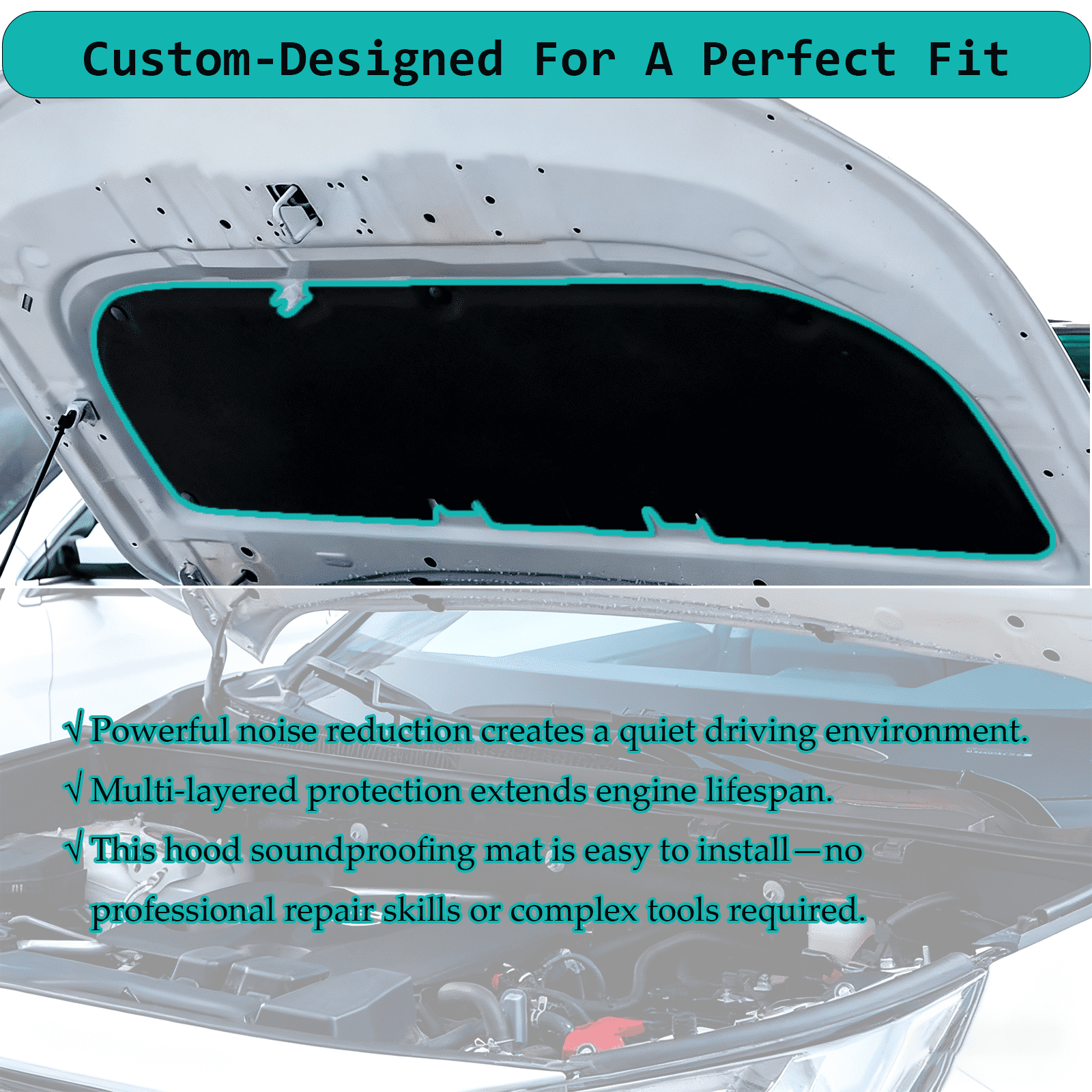 Automotive Hood Engine Front Cover Soundproof Mat For Toyota RAV4 2009-2012 Shield Mat Noise Insulation Dampening Mat Soundproof Cotton For Under-Hood Accessories-black-2009-2012