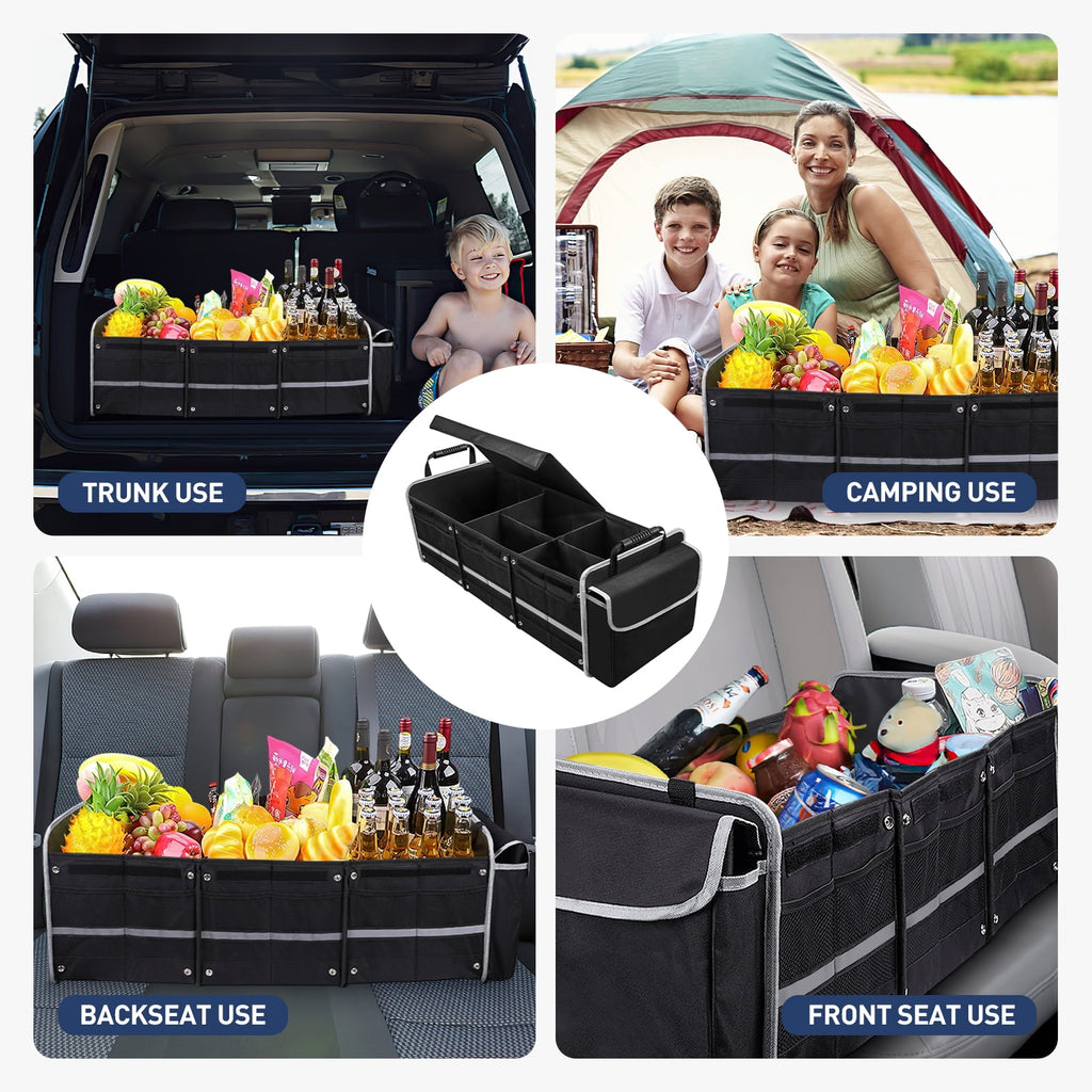 Cshidworld Car Trunk Storage Organizer, 4 in 1 Multi Compartment Collapsible Trunk Storage Box with Leakproof Insulated Cooler Bag for Car Truck SUV
