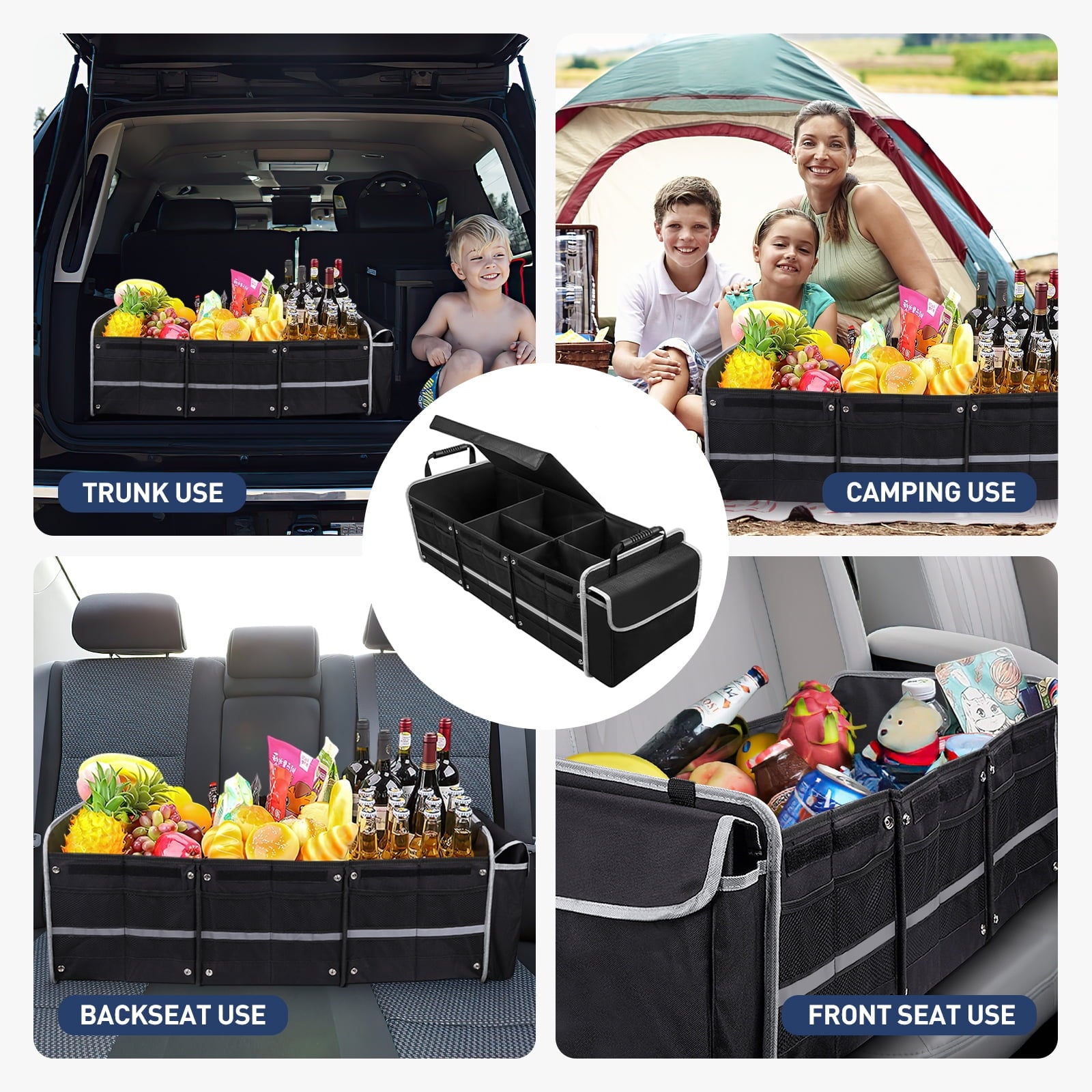Cshidworld Car Trunk Storage Organizer, 4 in 1 Multi Compartment Collapsible Trunk Storage Box with Leakproof Insulated Cooler Bag for Car Truck SUV