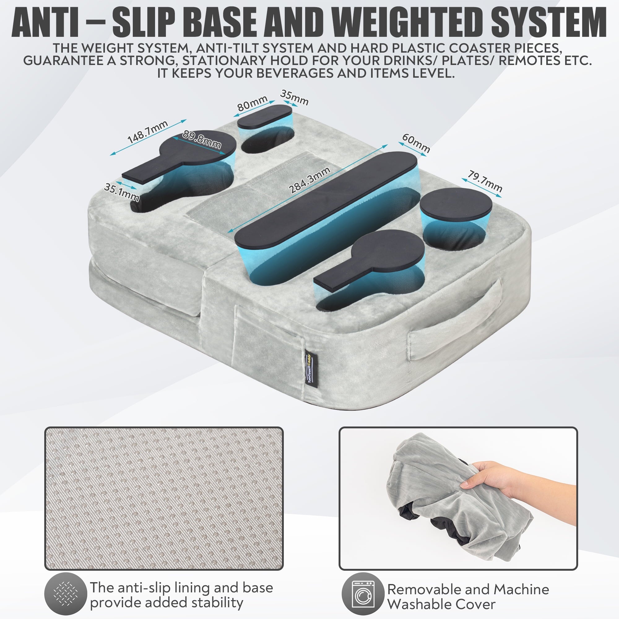 Couch Cup Holder Tray & Tablet Pillow Stand - Bed, Couch Caddy, Sofa - Holds Drinks, Snacks, Remotes, Phones, Tablet | Bed Cup Holder (Grey)