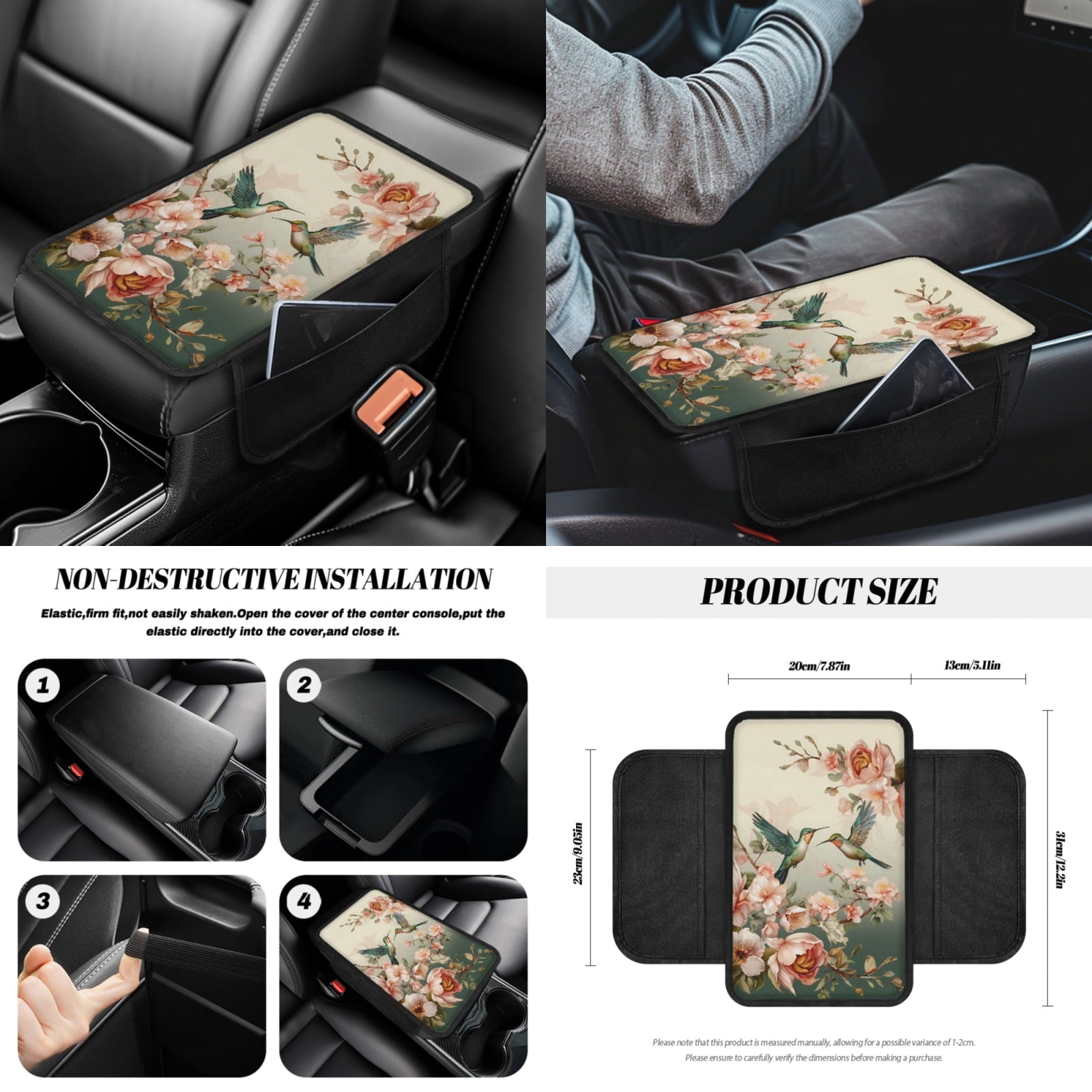 Jeiento Hummingbird 14 PCS Car Seat Cover Full Set Steering Wheel Cover Seat Belt Cover Trash Can Rear View Mirror Cover Flowers Coaster Center Console Cover Gear Shift Knob Cover Set Universal Fit