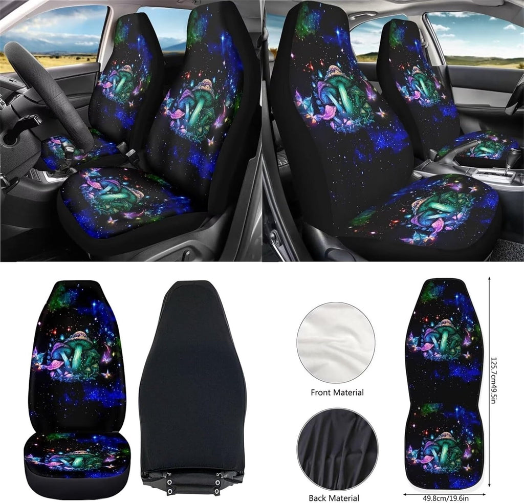 Jeiento Galaxy Mushroom 12 PCS Car Seat Covers for Front Seats with Steering Wheel Cover Seat Belt Covers Armrest Pad Trash Bin Sunglass Pocket Rear View Mirror Cover Coasters Keychain