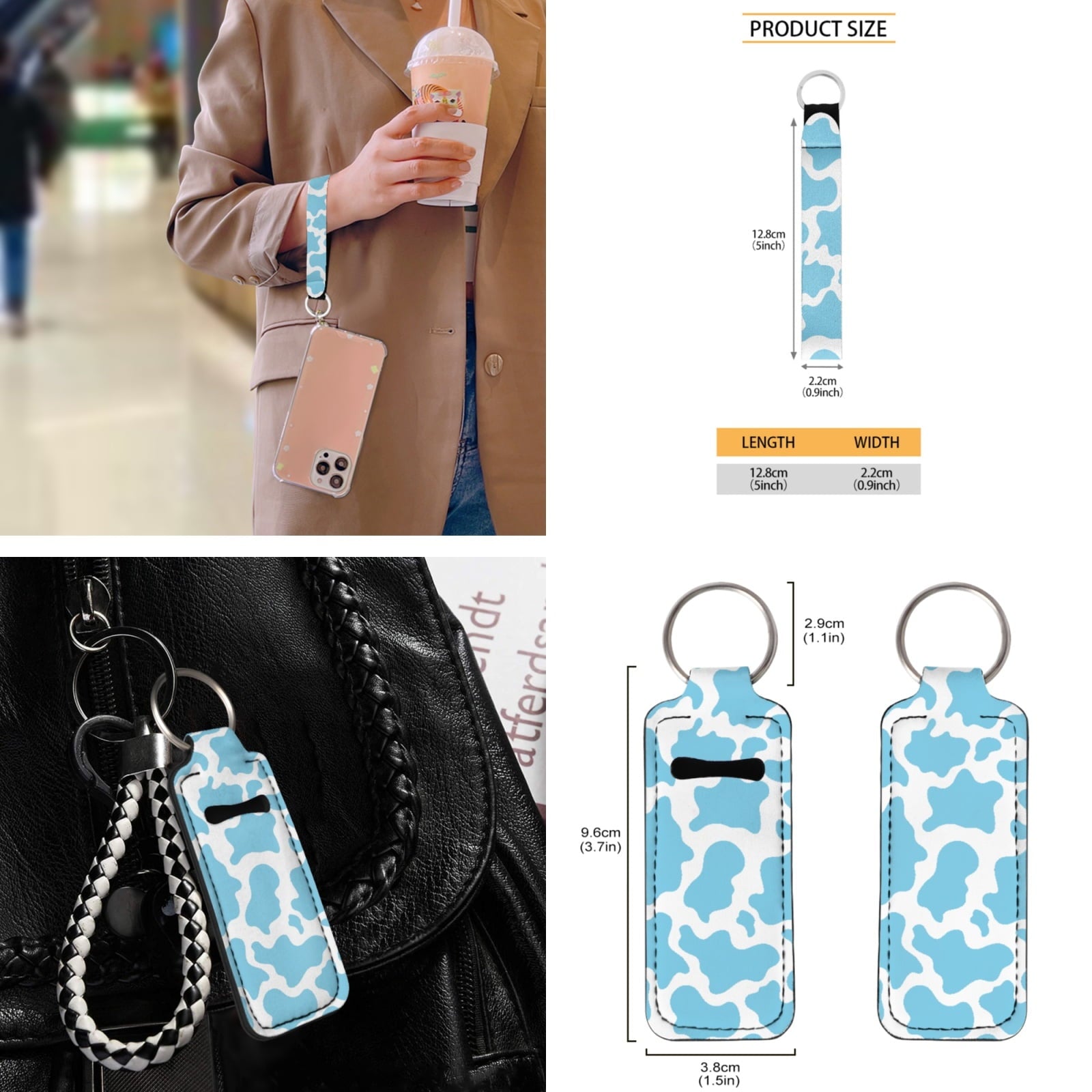 Yuyamidu 12 PCS Blue Cow Print Car Seat Covers Set Cute Steering Wheel Cover Seat Belt Pads Cup Coasters Chapstick Holder Key Chain Keychain Wristlet