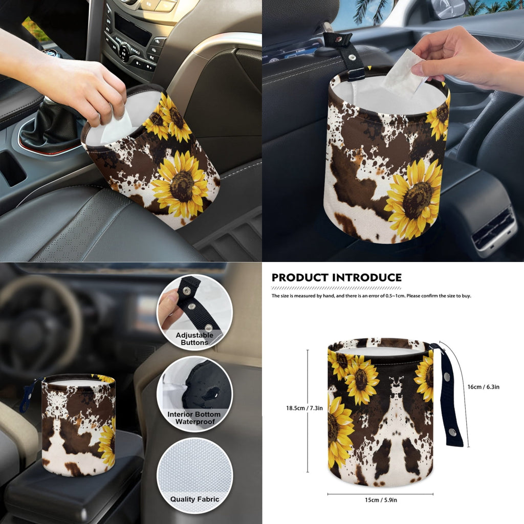 Yuyamidu Sunflower Car Seat Covers Brown Cow Print Steering Wheel Cover Seat Belt Strap Pad Handbrake Cover Gear Shift Knob Cover Rubbish Bin Armrest Pad Rearview Mirror Cover Coasters, Set of 14