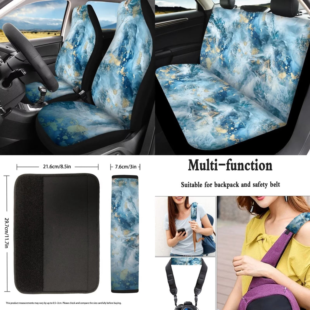 KUIFORTI Blue Tie Dye 15 PCS Car Seat Cover Set Seat Covers Steering Wheel Cover Seat belt Cover Pad Cup Coasters Car Trash Can Car Storage Box Rear View Mirror Cover Keychain