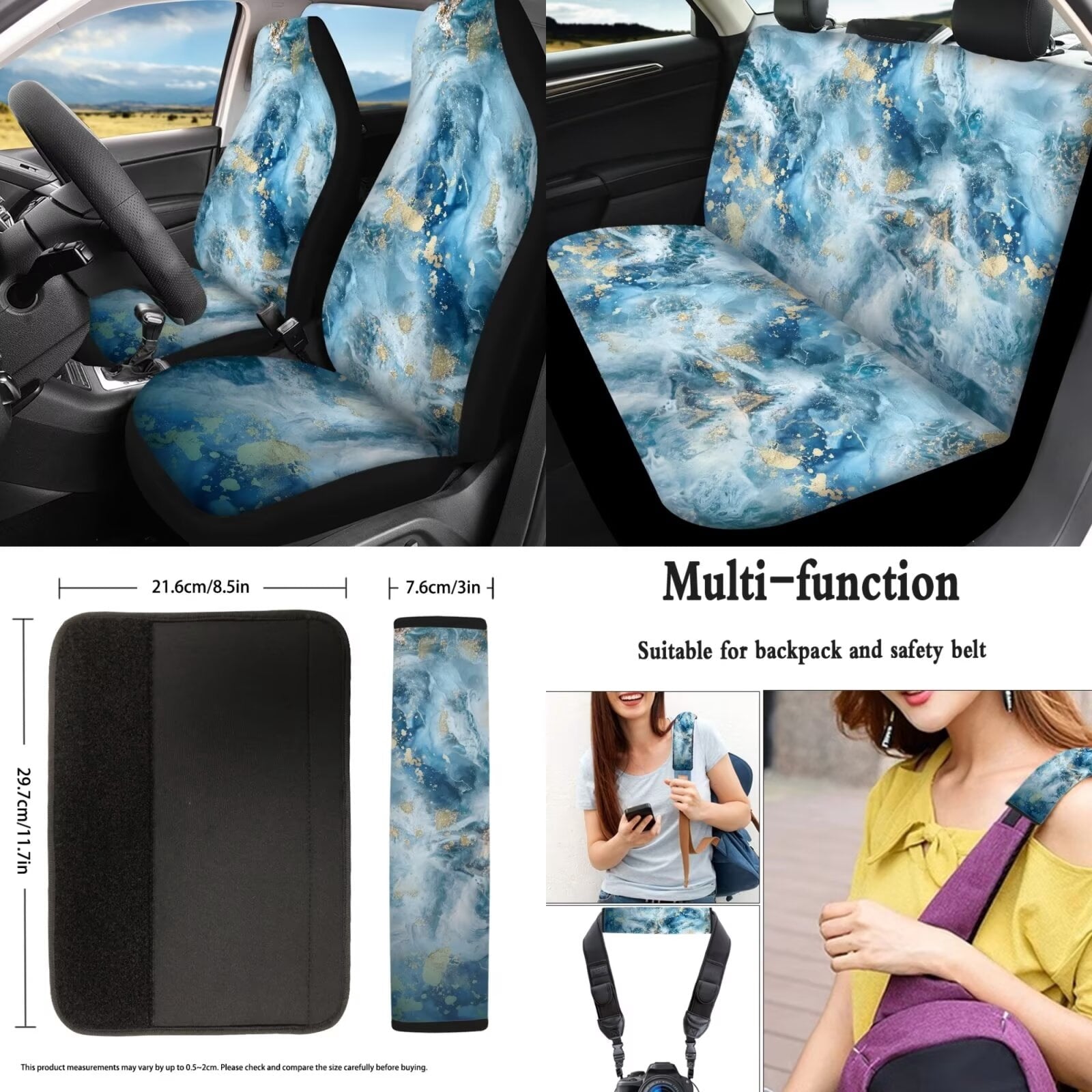 KUIFORTI Blue Tie Dye 15 PCS Car Seat Cover Set Seat Covers Steering Wheel Cover Seat belt Cover Pad Cup Coasters Car Trash Can Car Storage Box Rear View Mirror Cover Keychain