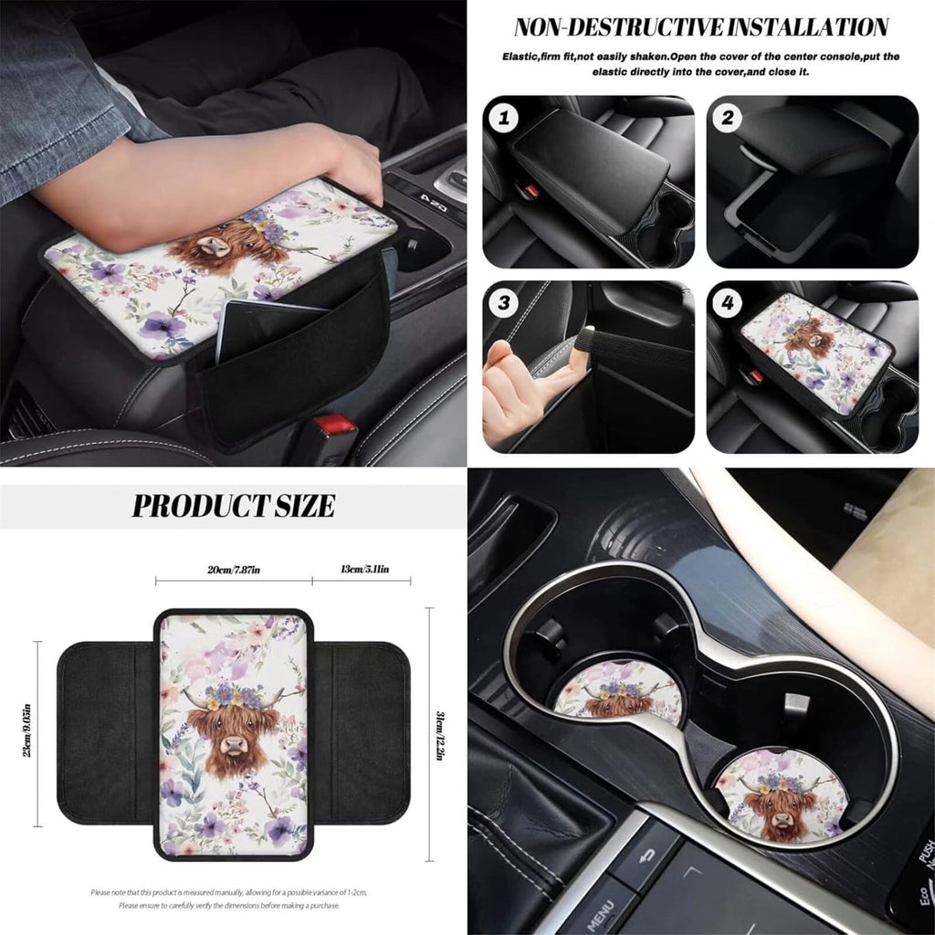 Yuyamidu 12 Pcs Highland Cow Car Front Seat Cover Set Purple Flower Steering Wheel Armrest Cover Seat Belt Pads Garbage Can Air Vent Pouch Rearview Mirror Cover Coasters Keychain Auto Accessories