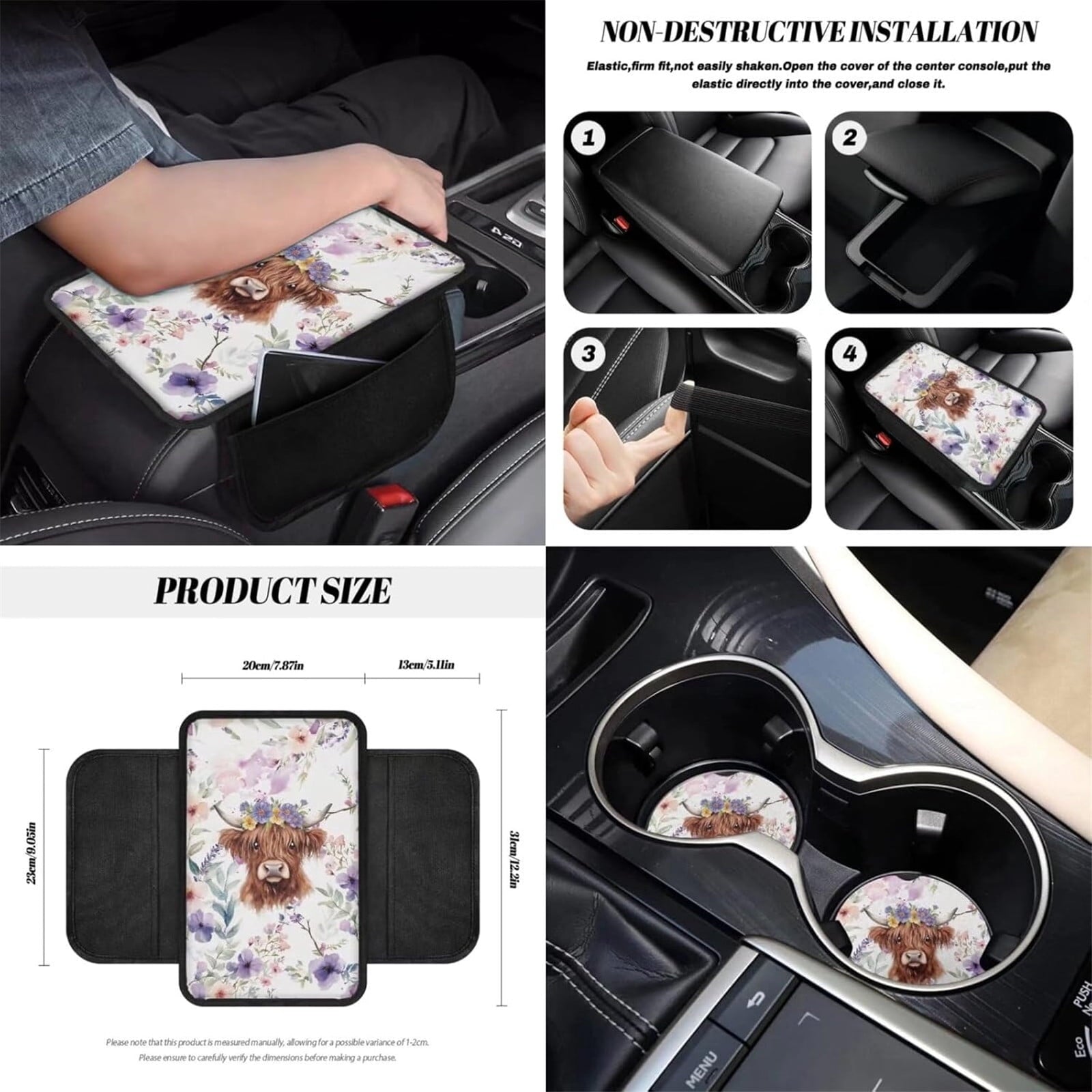Yuyamidu 12 Pcs Highland Cow Car Front Seat Cover Set Purple Flower Steering Wheel Armrest Cover Seat Belt Pads Garbage Can Air Vent Pouch Rearview Mirror Cover Coasters Keychain Auto Accessories