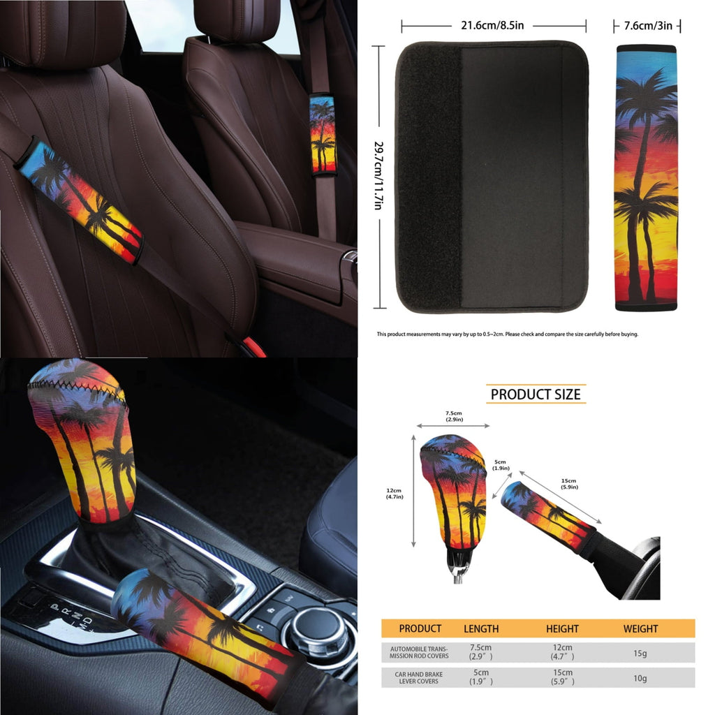 Jeiento Dusk Palm Leaves Car Seat Cover Full Set of 14 Car Seat Protector Auto Steering Wheel Cover Seatbelt Pads Armrest Cushion Trash Can Rearview Mirror Cover Handbrake Cover Set Coasters