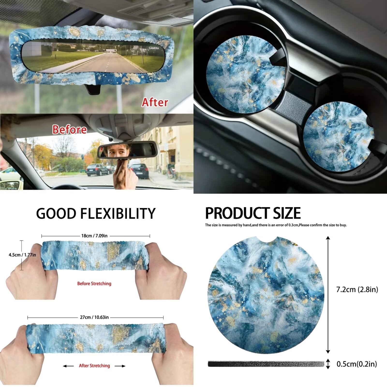 KUIFORTI Blue Tie Dye 15 PCS Car Seat Cover Set Seat Covers Steering Wheel Cover Seat belt Cover Pad Cup Coasters Car Trash Can Car Storage Box Rear View Mirror Cover Keychain