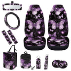 KUIFORTI 12 Pcs Butterfly Car Seat Covers and Accessories for Women, Steering Wheel Cover,Seat Belt Shoulder Pad Mirror Cover Coasters Car Auto Air Vent Keychain Chapstick Holder Car Trash Can
