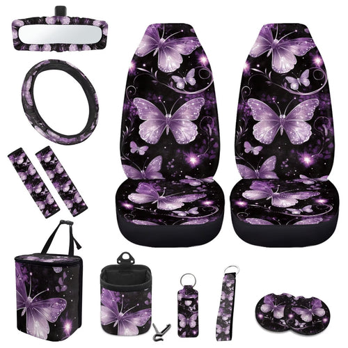 KUIFORTI 12 Pcs Butterfly Car Seat Covers and Accessories for Women, Steering Wheel Cover,Seat Belt Shoulder Pad Mirror Cover Coasters Car Auto Air Vent Keychain Chapstick Holder Car Trash Can