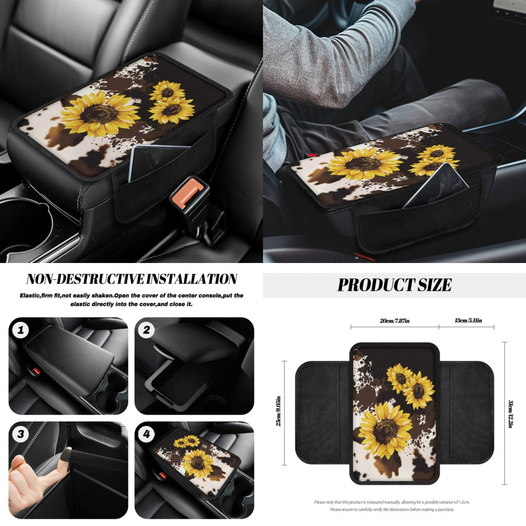 Yuyamidu Sunflower Car Seat Covers Brown Cow Print Steering Wheel Cover Seat Belt Strap Pad Handbrake Cover Gear Shift Knob Cover Rubbish Bin Armrest Pad Rearview Mirror Cover Coasters, Set of 14