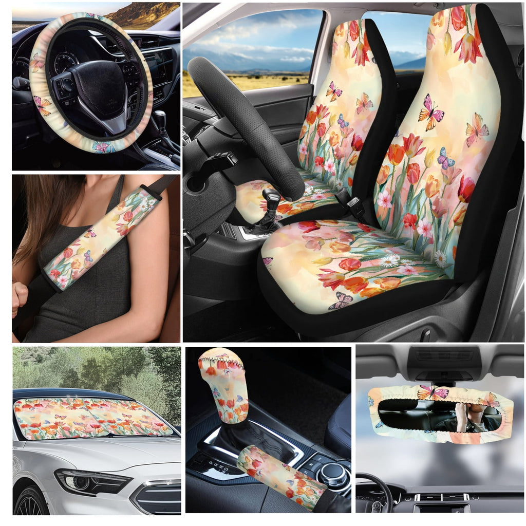 Yuyamidu 16 PCS Car Seat Cover Set with Steering Wheel Cover Tulip Seat Belt Strap Pad Butterfly Cup Holder Rear View Mirror Cover Keychain Gear Shift Knob Cover Car Shade for Front Windshield