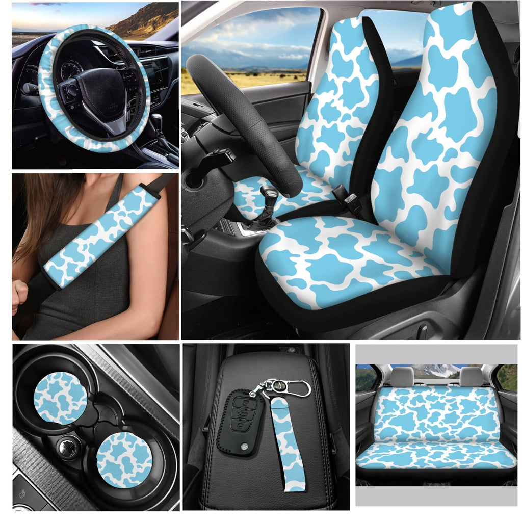 Yuyamidu 12 PCS Blue Cow Print Car Seat Covers Set Cute Steering Wheel Cover Seat Belt Pads Cup Coasters Chapstick Holder Key Chain Keychain Wristlet