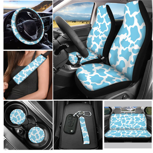 Yuyamidu 12 PCS Blue Cow Print Car Seat Covers Set Cute Steering Wheel Cover Seat Belt Pads Cup Coasters Chapstick Holder Key Chain Keychain Wristlet