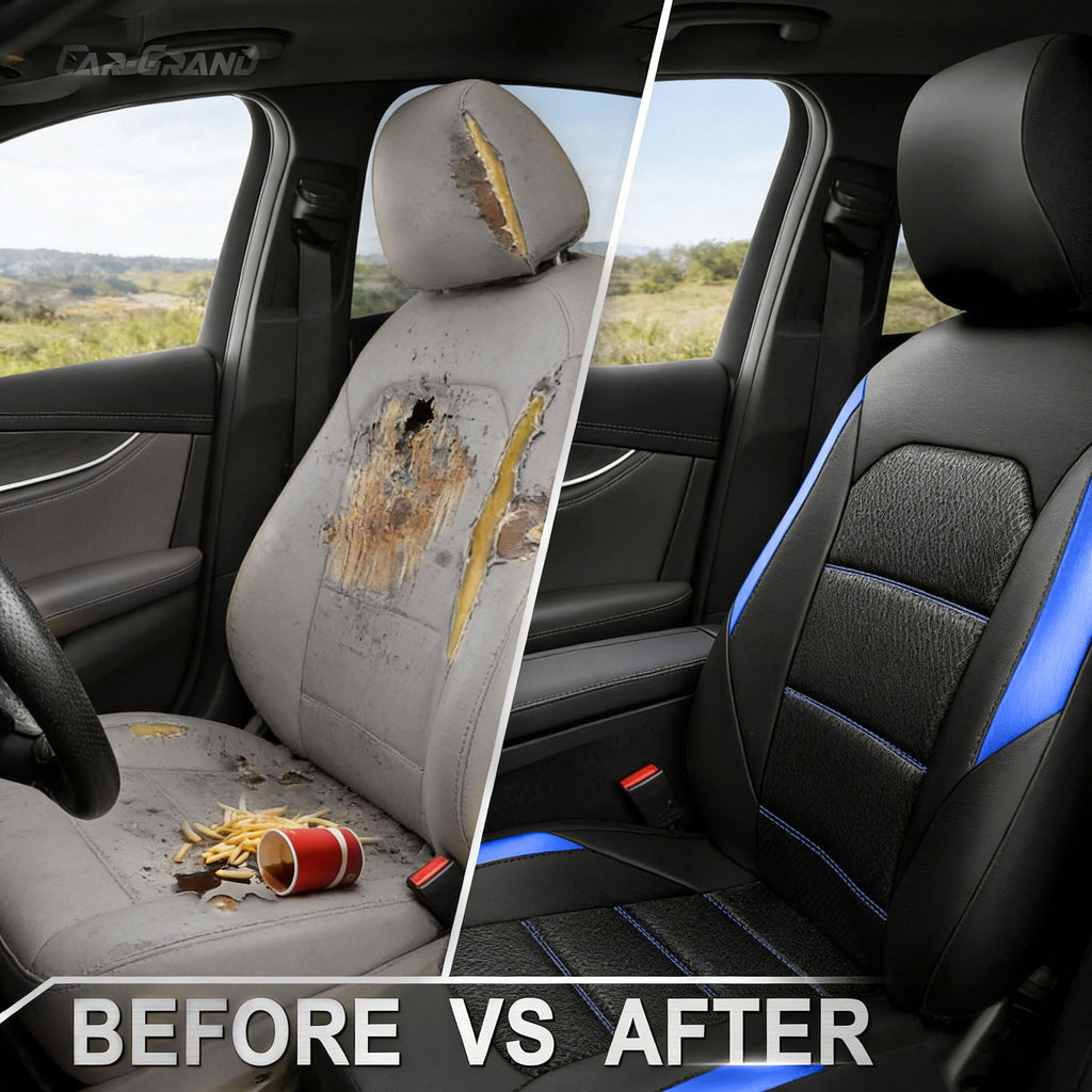 CAR GRAND Memory Foam Car Seat Covers, Leather Mesh Universal Fit Automotive Seat Protectors  Front Pair for Trucks SUV Sedan Metal Film Leather Armrest Airbag Compatible Comfortable  Black Blue