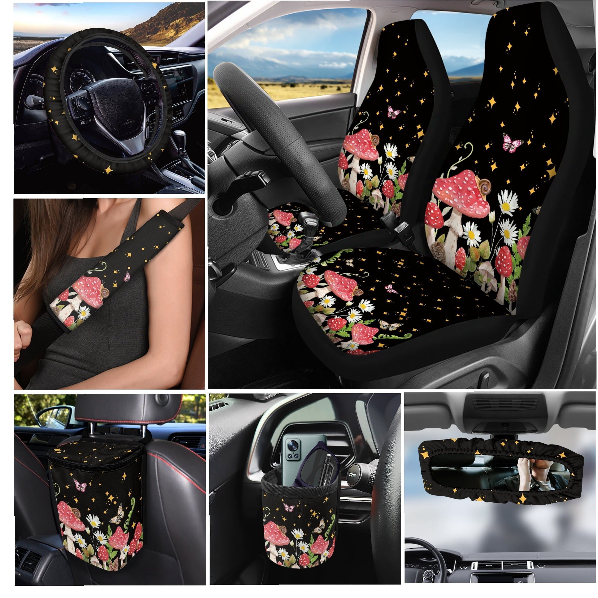 Yuyamidu Mushroom Car Seat Cover Set of 15 Daisy Steering Wheel Cover Seat Belt Covers Trash Bag Air Vent Holder Rear View Mirror Cover Cup Coasters Key Chain Auto Interior Accessories
