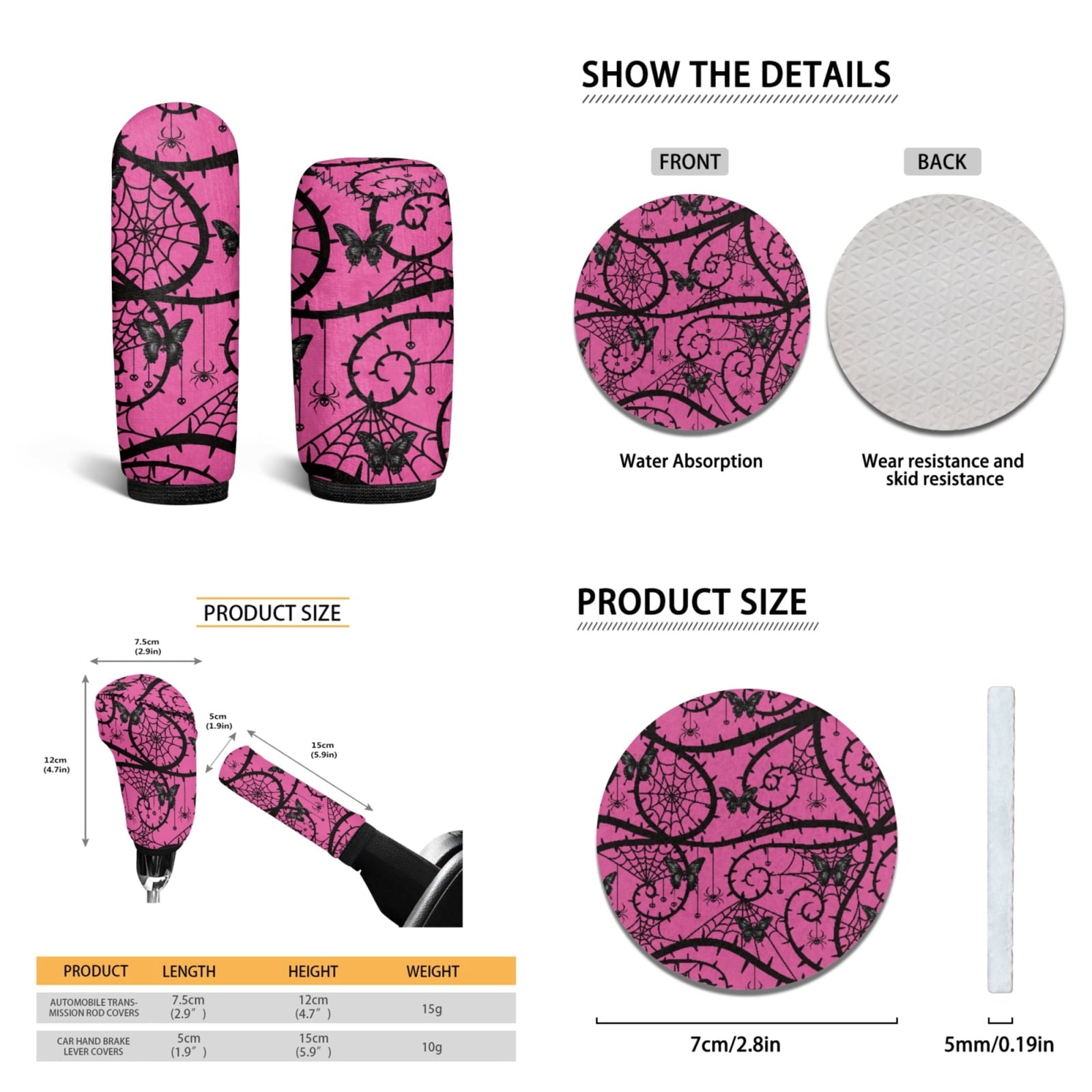 Yuyamidu Pink Gothic Car Accessories Sets Butterfly Car Seat Covers Car Floor Mats Steering Wheel Cover Seatbelt Shoulder Pad Handbrake Cover Gear Shift Knob Cover Coasters 15 PCS