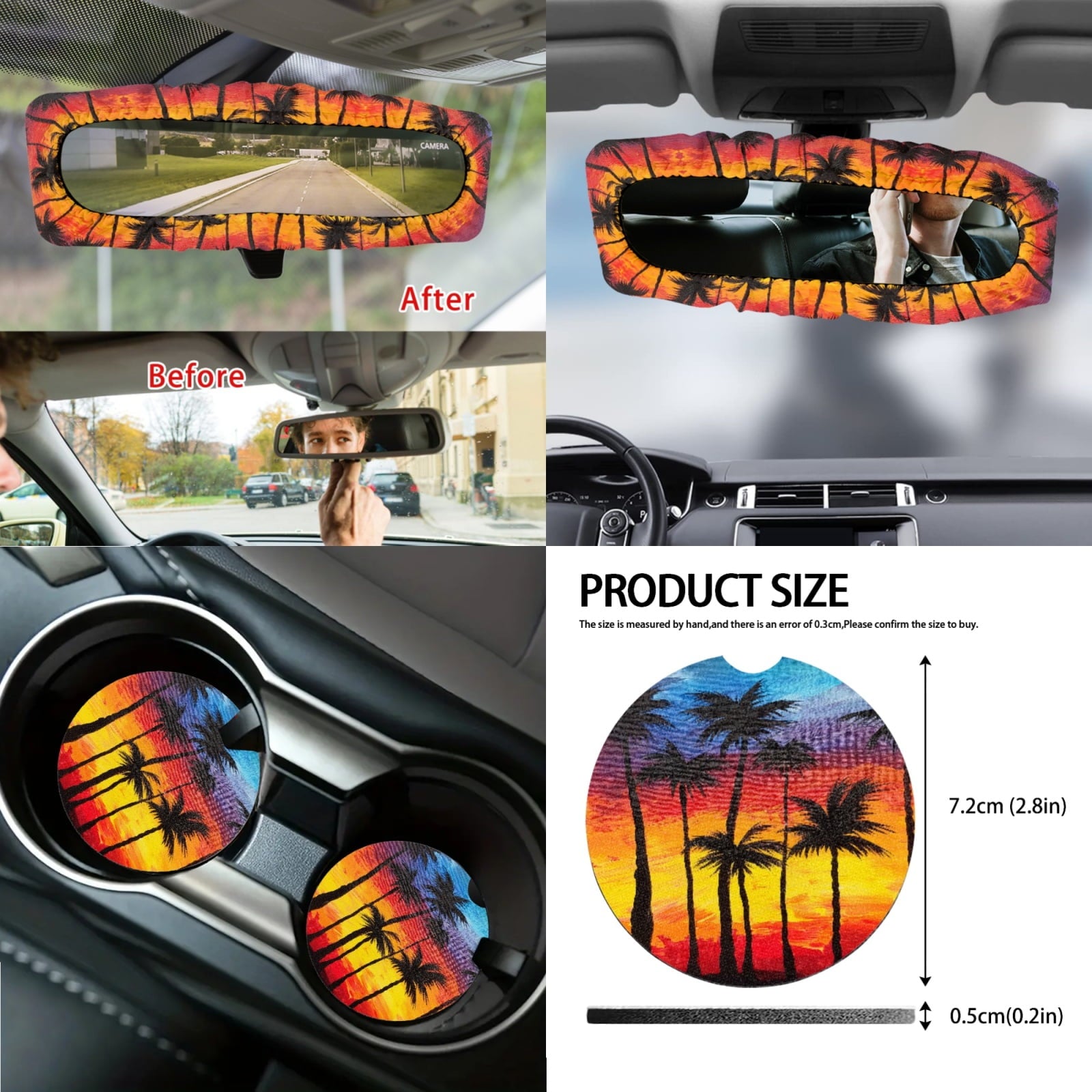 Jeiento Dusk Palm Leaves Car Seat Cover Full Set of 14 Car Seat Protector Auto Steering Wheel Cover Seatbelt Pads Armrest Cushion Trash Can Rearview Mirror Cover Handbrake Cover Set Coasters