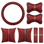 7PCS Steering Wheel Cover Set for Women, Car Accessories with Car Neck Pillows Lumbar Support Pillow and Seat Belt Covers, Universal Fit 14-15.5 inches (Red)