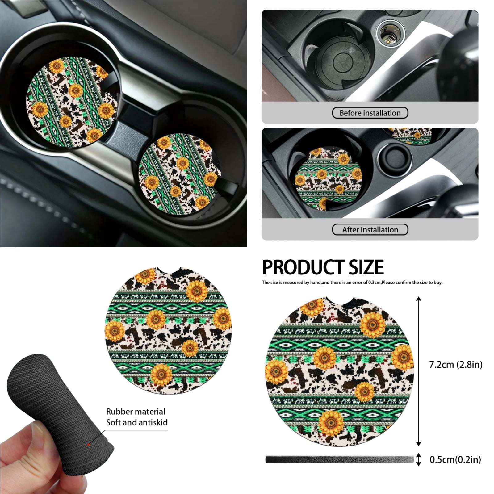 Xoenoiee American Sunflower Cow Print Car Seat Cover for Women Men, with Steering Wheel Cover Seat Belt Strap Pad Trash Bag Mount Phone Holder Rearview Mirror Accessory Cup Holder Key Chain, 15 PCS