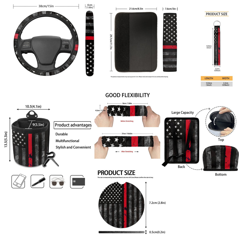 Jeiento American Honoring Firefighter Flags Car Seat Cover with Steering Wheel Seatbelt Pad Trash Bin Air Vent Storage Holder Rear View Mirror Cover Cup Holders Keychain for Car Decor