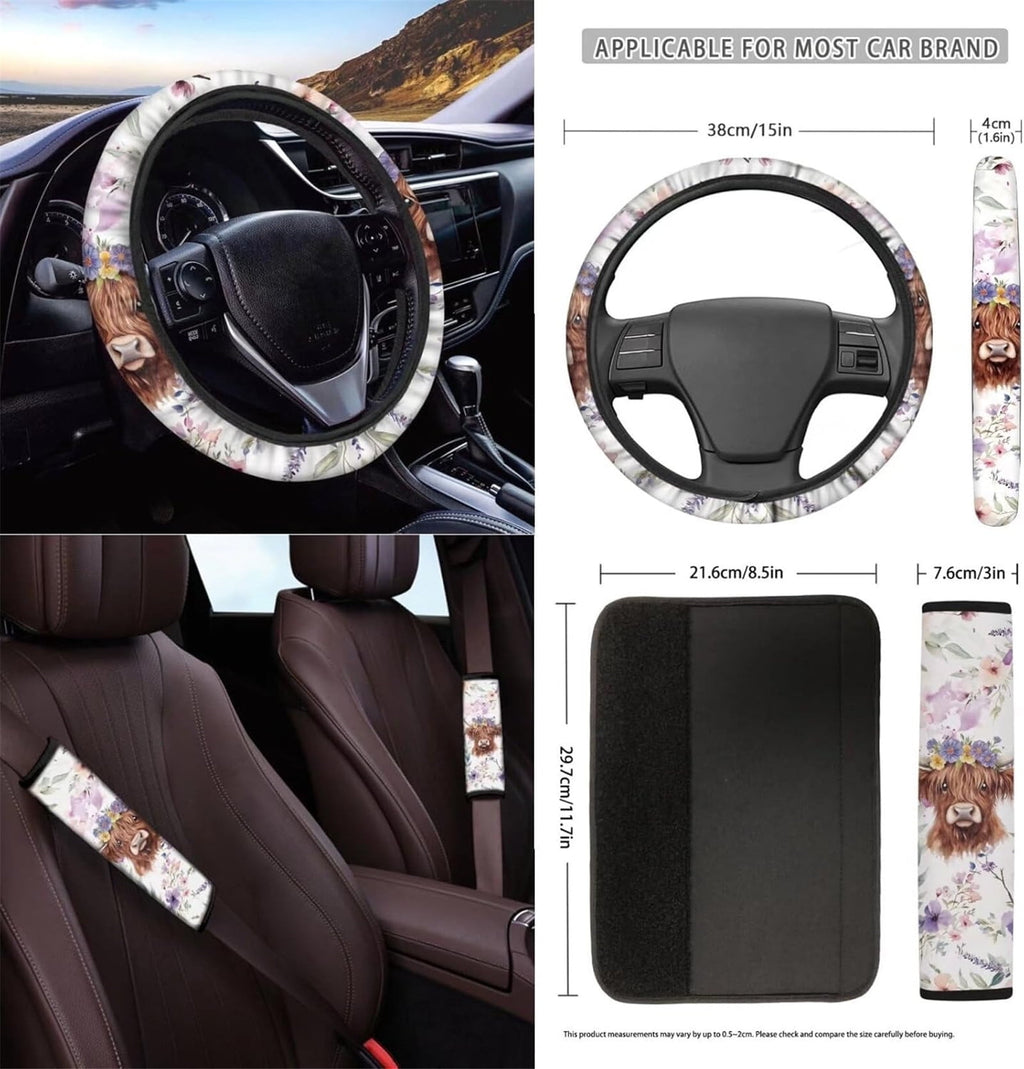 Yuyamidu 12 Pcs Highland Cow Car Front Seat Cover Set Purple Flower Steering Wheel Armrest Cover Seat Belt Pads Garbage Can Air Vent Pouch Rearview Mirror Cover Coasters Keychain Auto Accessories