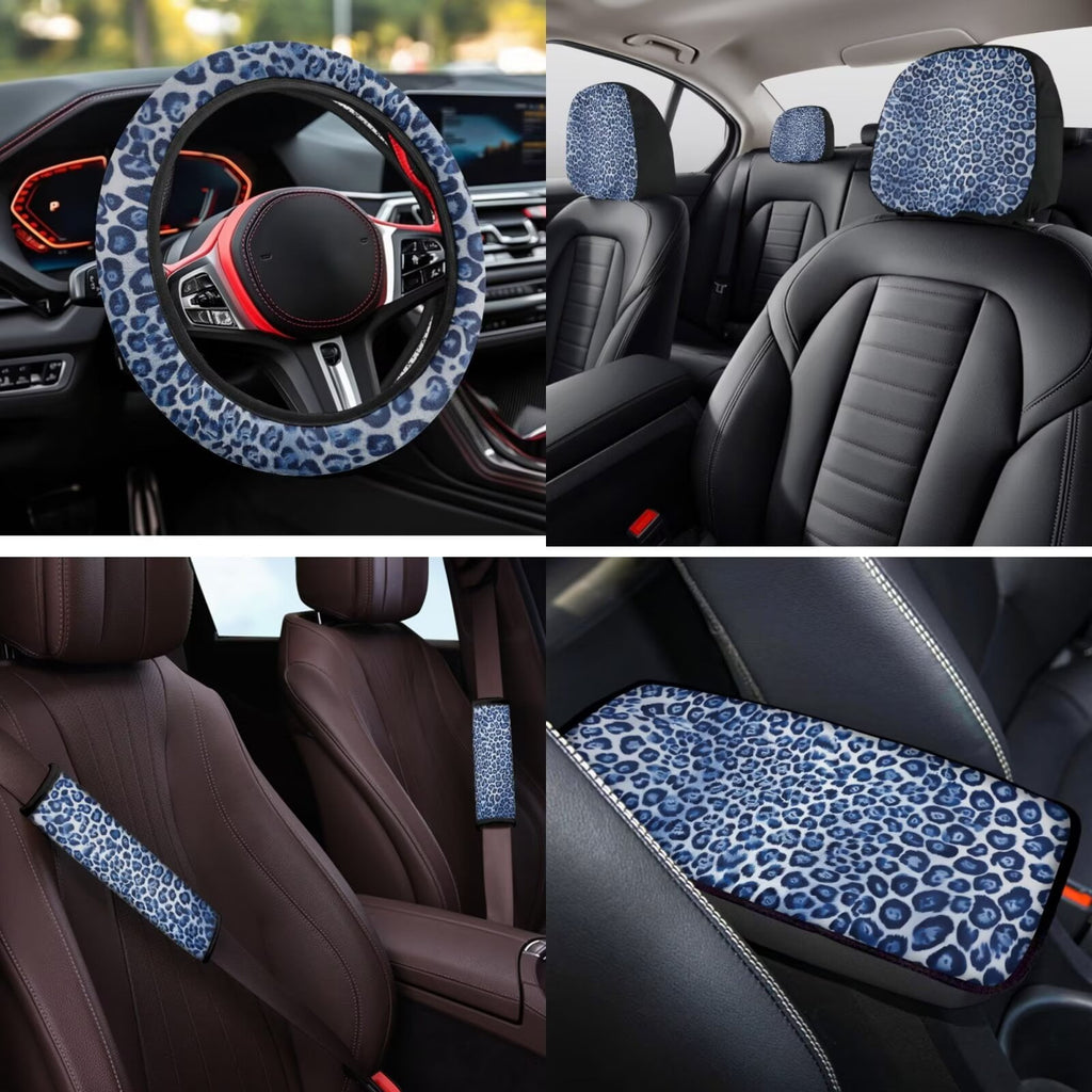 HUIACONG Blue Leopard Print Seat Covers for Cars for Women Full Set 14 Pcs Ca Seat Cover with Steering Wheel Cover Center Console Cover Seat Belt Covers Coasters Headrest Cover Keychain Universal Fit