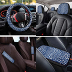 HUIACONG Blue Leopard Print Seat Covers for Cars for Women Full Set 14 Pcs Ca Seat Cover with Steering Wheel Cover Center Console Cover Seat Belt Covers Coasters Headrest Cover Keychain Universal Fit