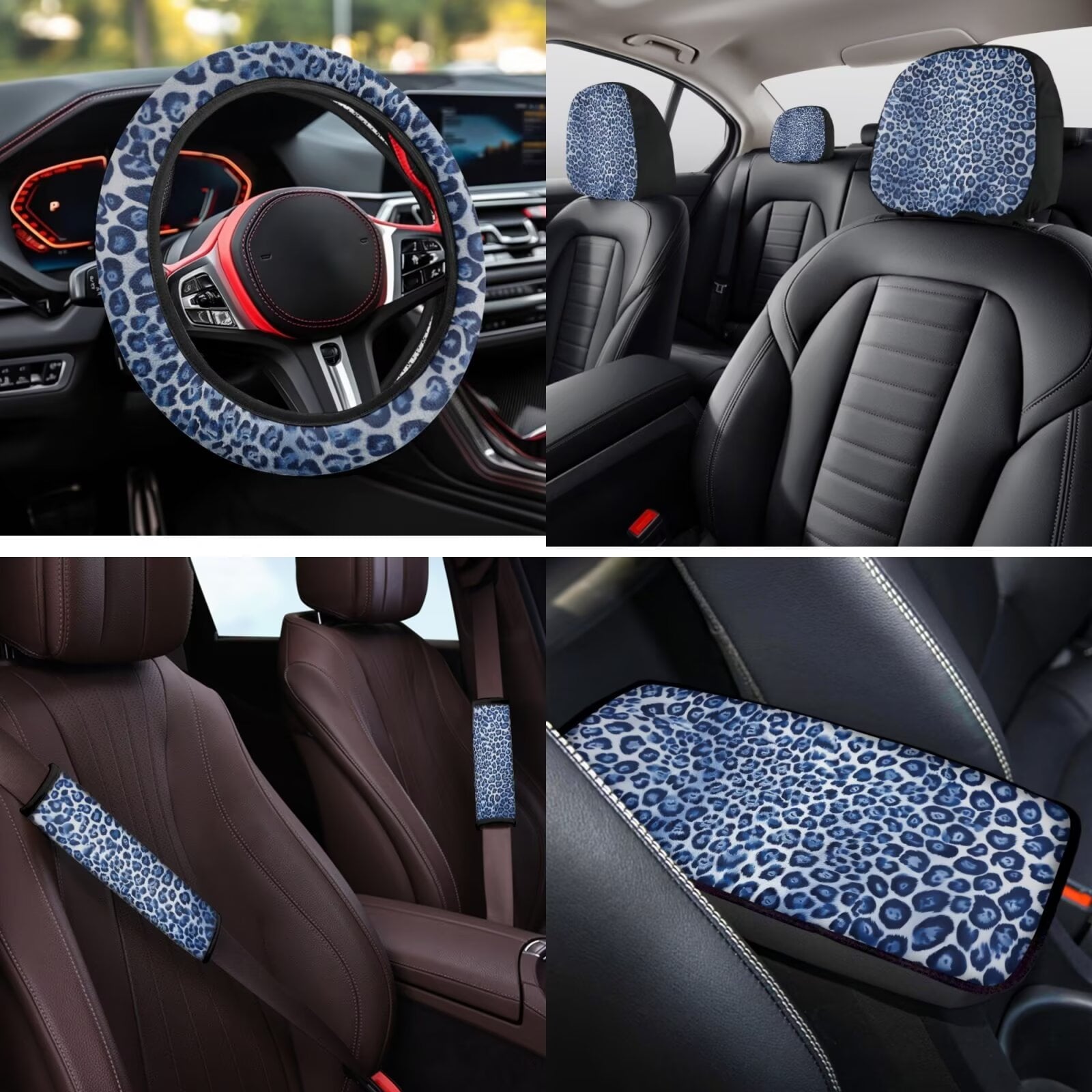 HUIACONG Blue Leopard Print Seat Covers for Cars for Women Full Set 14 Pcs Ca Seat Cover with Steering Wheel Cover Center Console Cover Seat Belt Covers Coasters Headrest Cover Keychain Universal Fit