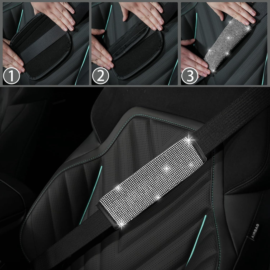 DEA 12 Pcs Bling Car Accessories Set for Women Car Floor Mats Full Set Steering Wheel Cover Seat Belt Covers Coasters Universal Fit Car SUV Truck Van Silver