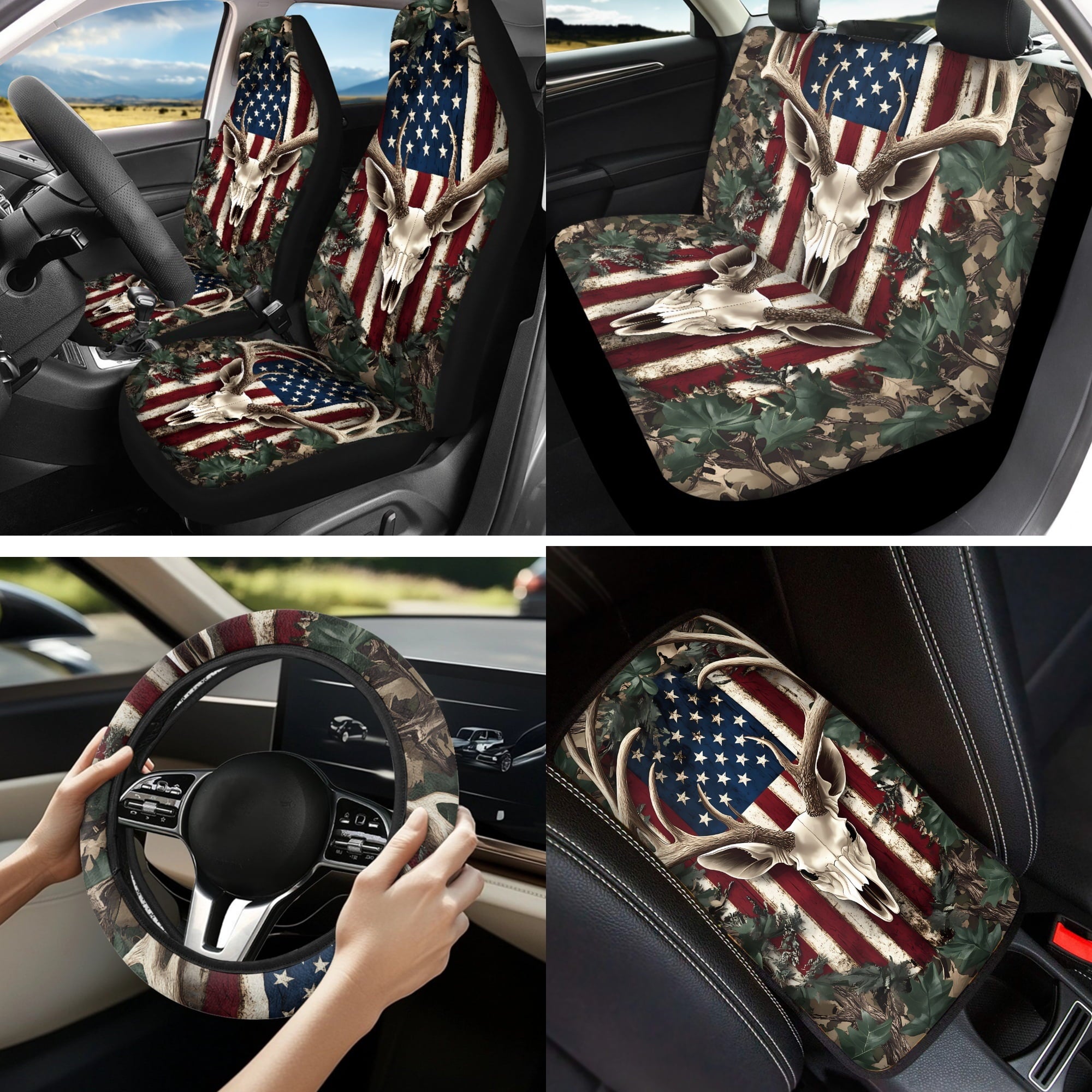 Jeiento Deer 13pcs Set Car Seat Cover Set with American Flag Steering Wheel Cover Seat Belt Strap Cover Armrest Cover Key Chain Coasters Lipstick Holder Universal Fits SUV Sedan Truck Van