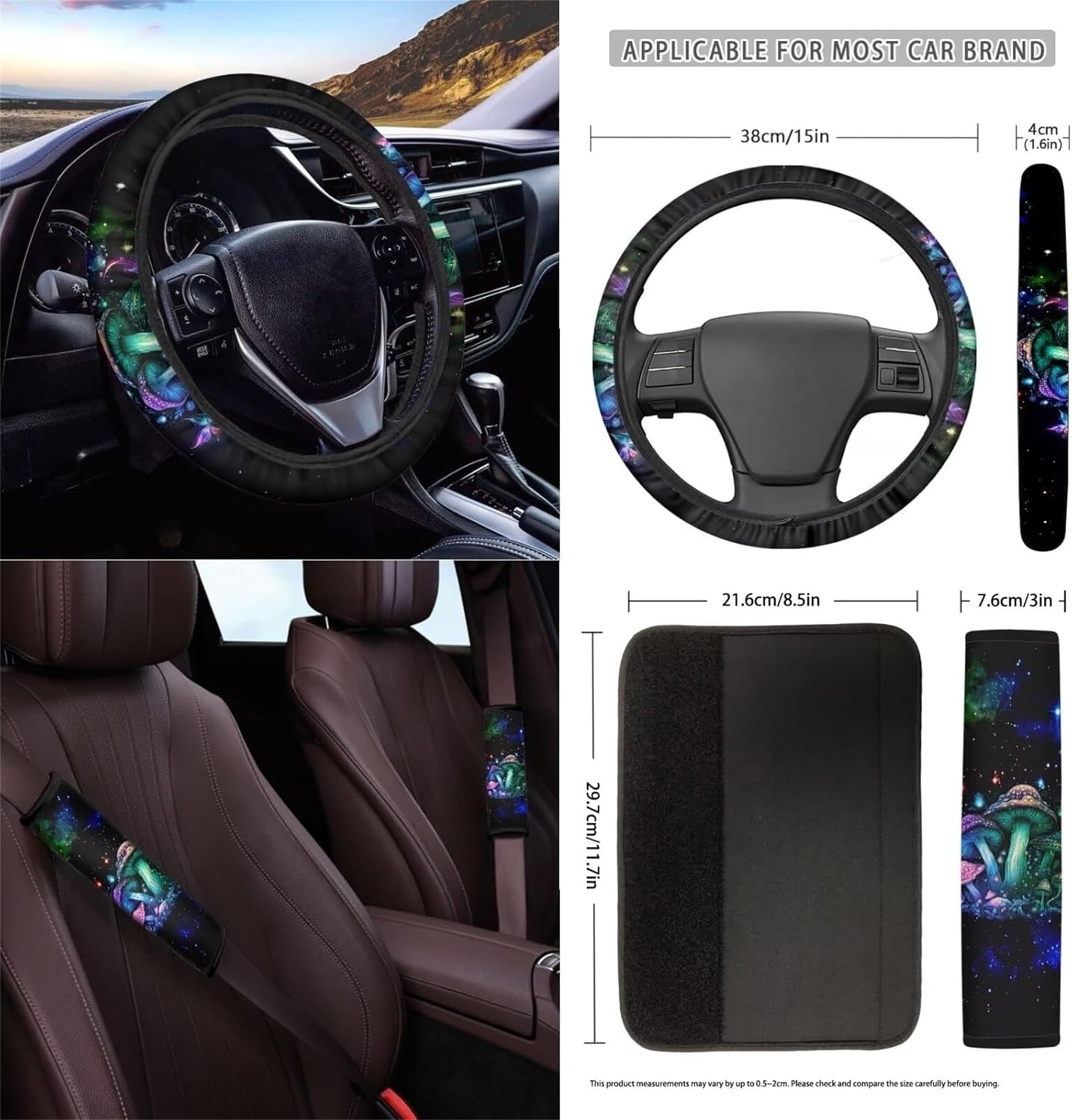 Jeiento Galaxy Mushroom 12 PCS Car Seat Covers for Front Seats with Steering Wheel Cover Seat Belt Covers Armrest Pad Trash Bin Sunglass Pocket Rear View Mirror Cover Coasters Keychain