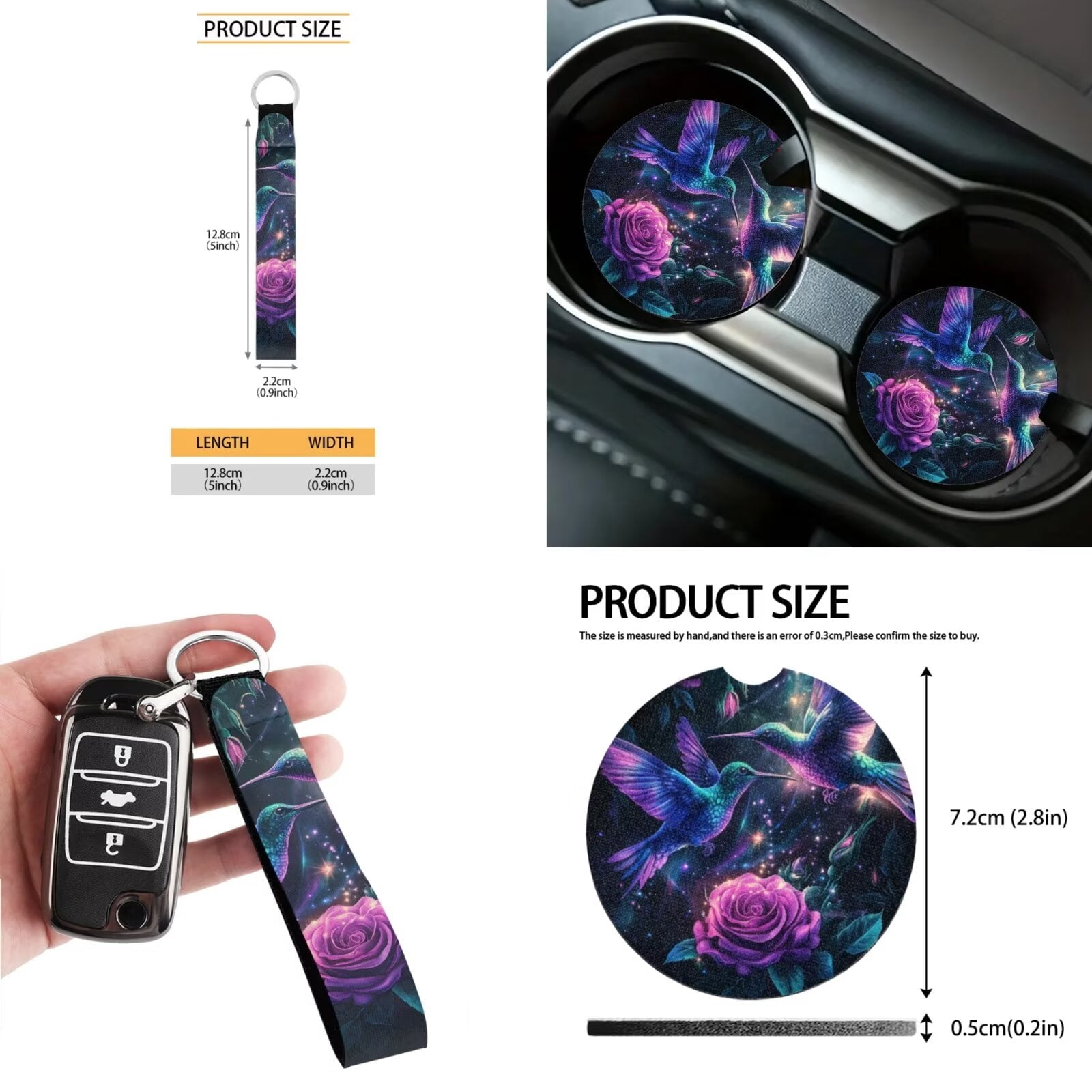 Jeiento Hummingbird Car Seat Cover Split Covers for Women, Steering Wheel Cover Seat Belt Strap Pad Trash Bag Mount Phone Holder Cup Holder Purple Rose Key Chain, 12 PCS