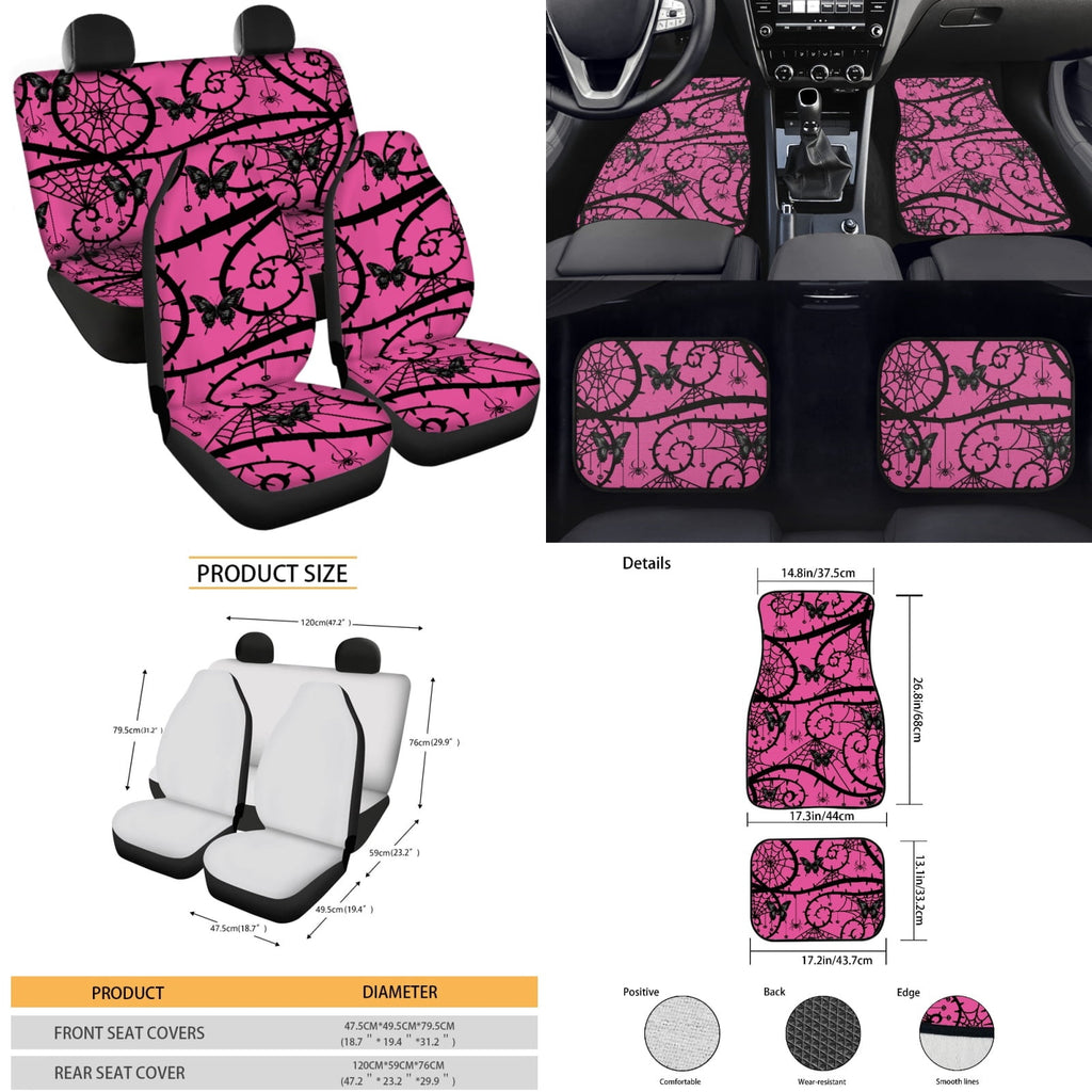 Yuyamidu Pink Gothic Car Accessories Sets Butterfly Car Seat Covers Car Floor Mats Steering Wheel Cover Seatbelt Shoulder Pad Handbrake Cover Gear Shift Knob Cover Coasters 15 PCS
